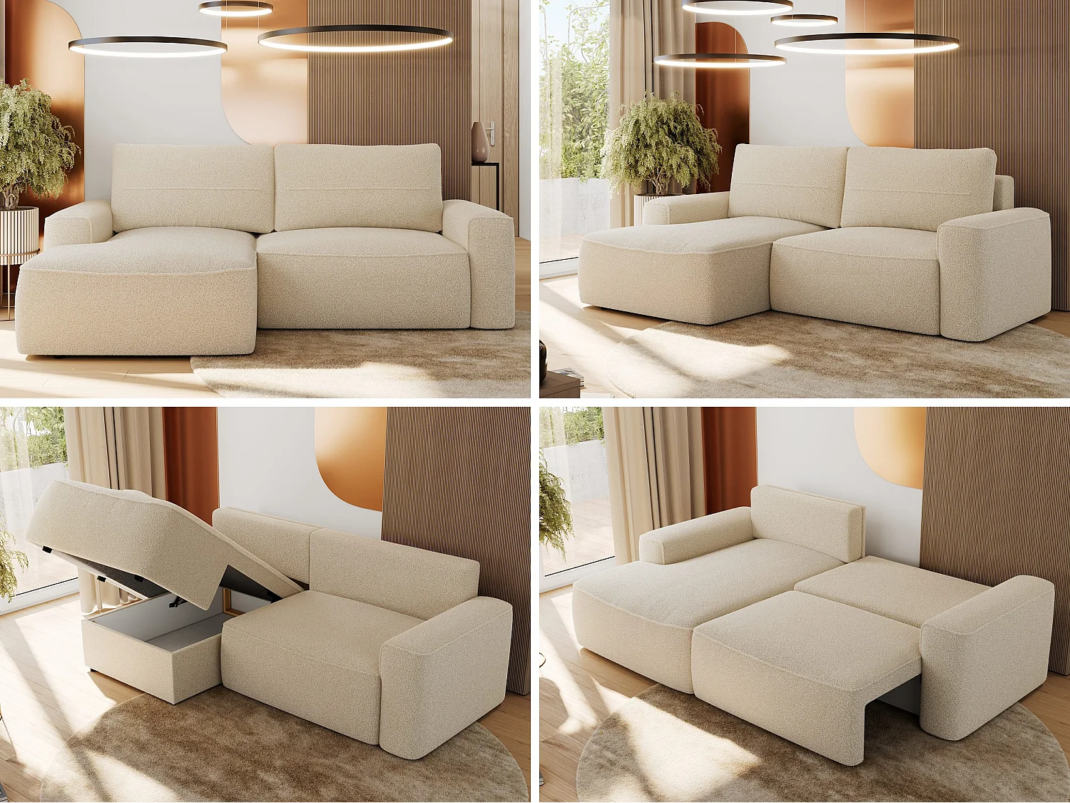 Ecksofa BELLUNO - Schlafsofa mit Bettkasten, Armlehnen, Couch L-form mit Schlaffunktion - Beige Boucle - Ecke Links