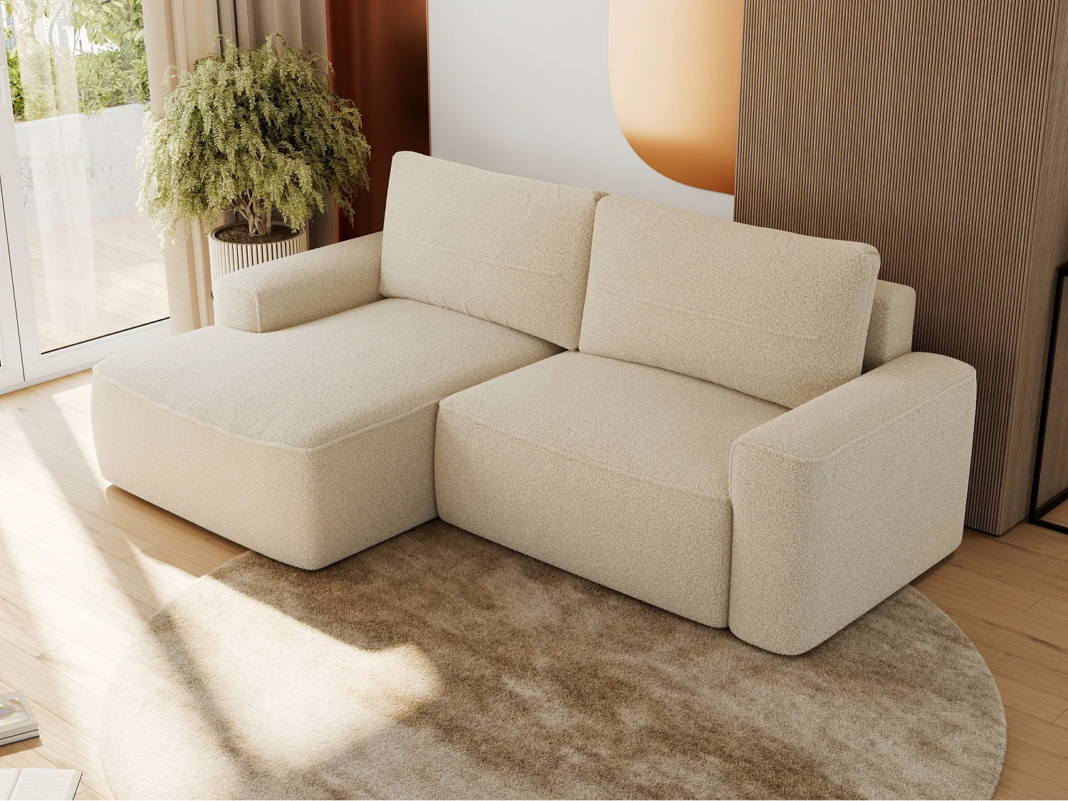 Ecksofa BELLUNO - Schlafsofa mit Bettkasten, Armlehnen, Couch L-form mit Schlaffunktion - Beige Boucle - Ecke Links