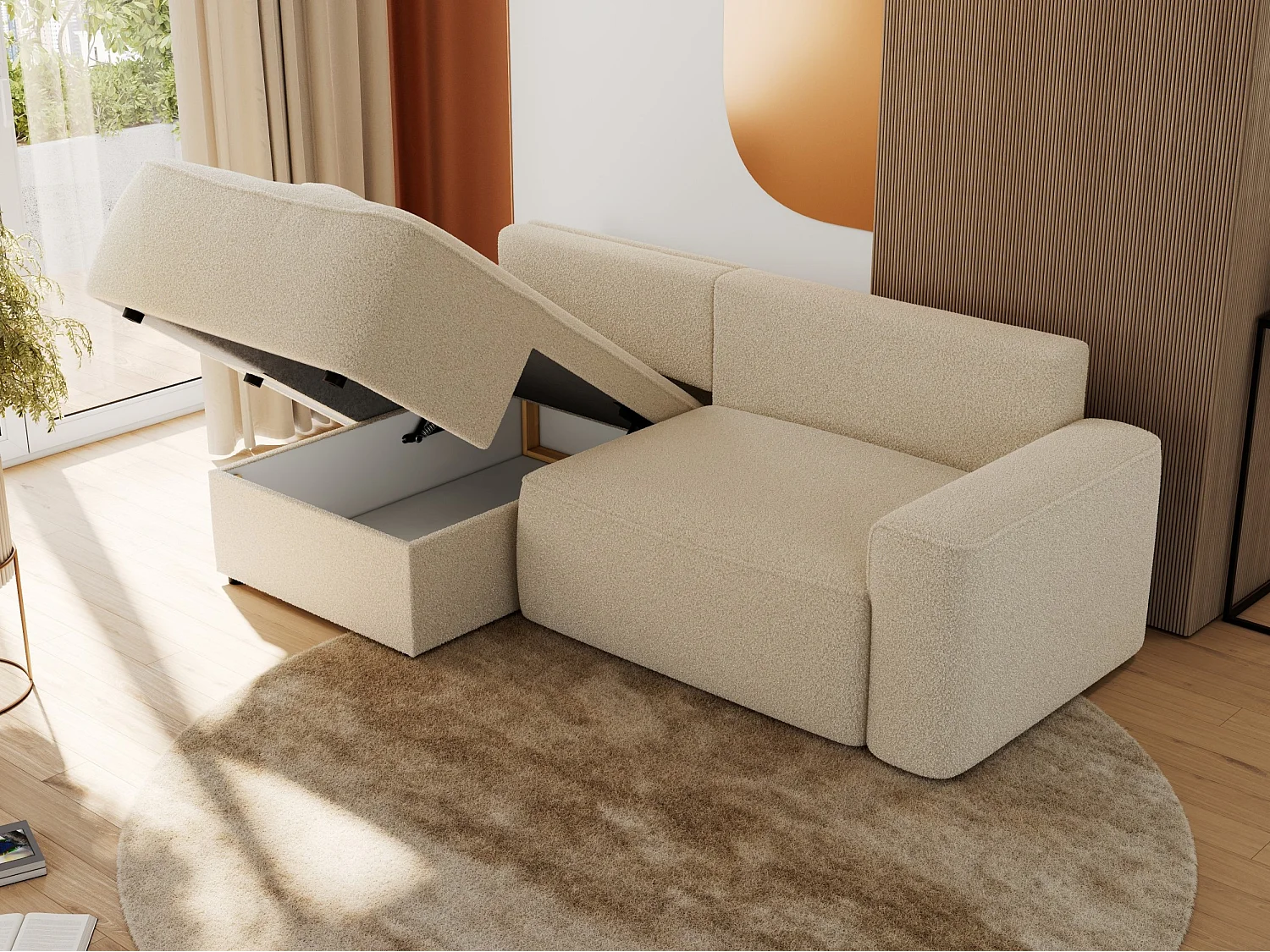 Ecksofa BELLUNO - Schlafsofa mit Bettkasten, Armlehnen, Couch L-form mit Schlaffunktion - Beige Boucle - Ecke Links