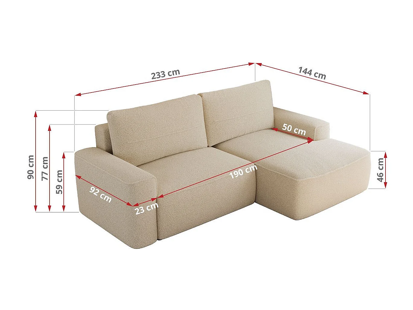 Ecksofa BELLUNO - Schlafsofa mit Bettkasten, Armlehnen, Couch L-form mit Schlaffunktion - Beige Boucle - Ecke Links
