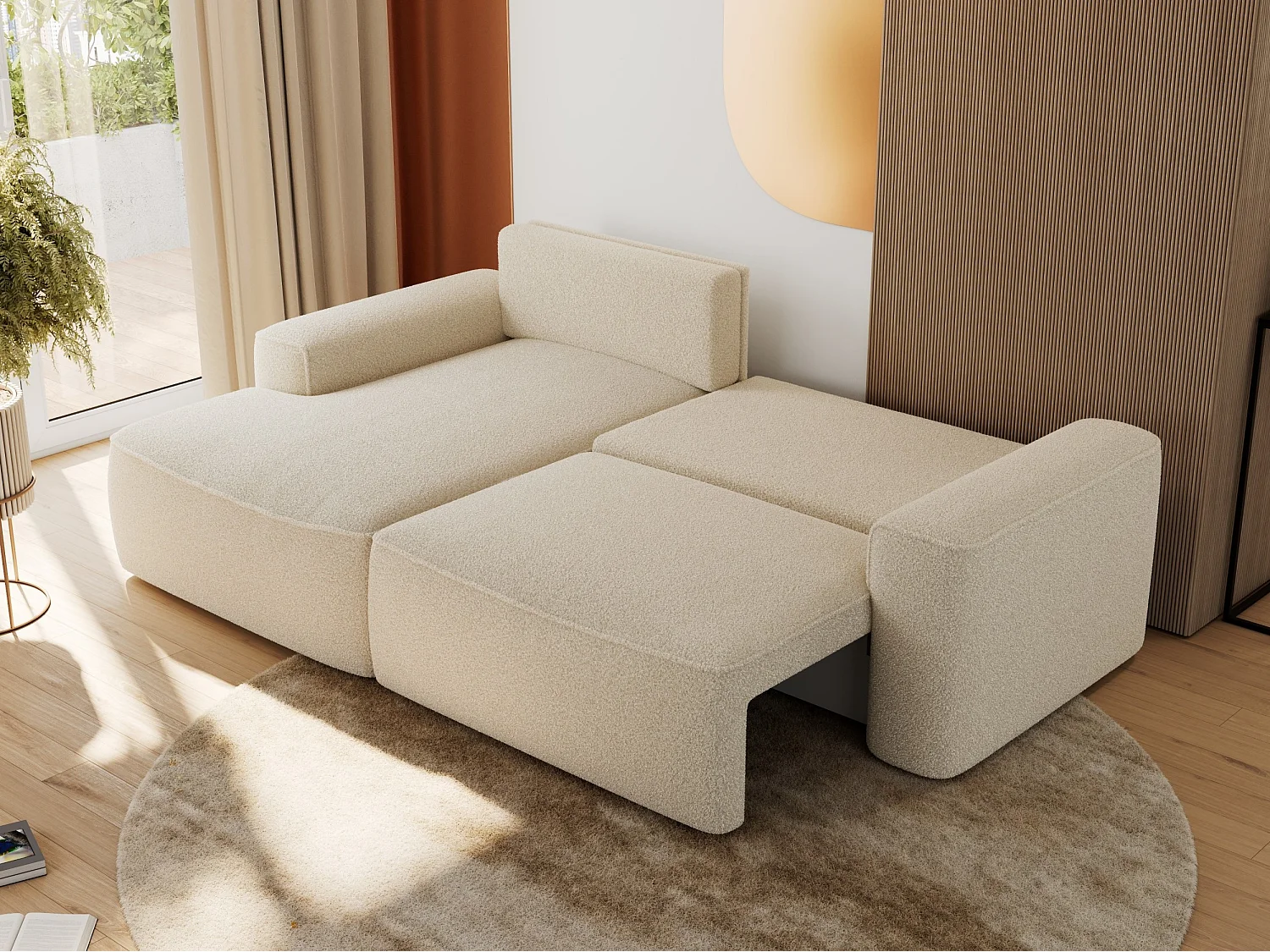 Ecksofa BELLUNO - Schlafsofa mit Bettkasten, Armlehnen, Couch L-form mit Schlaffunktion - Beige Boucle - Ecke Links