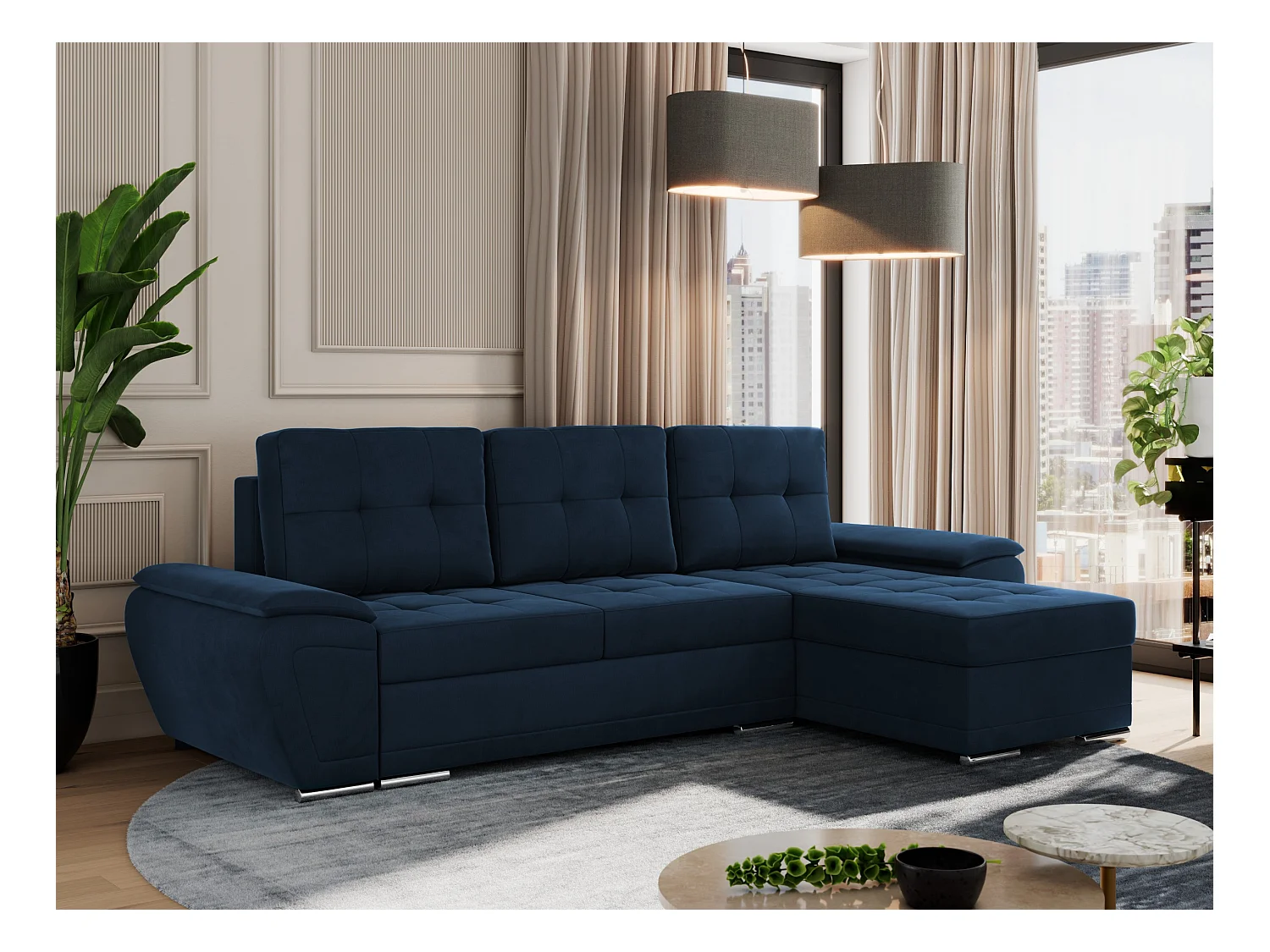 Ecksofa UMBRIA - universell L-form Couch, Schlaffunktion und Bettkasten, gesteppte Ecke - Dunkelblau Velvet