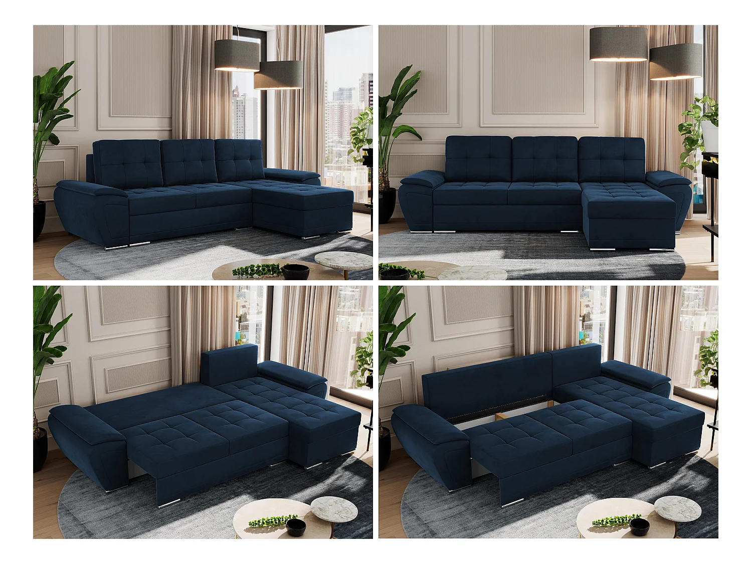 Ecksofa UMBRIA - universell L-form Couch, Schlaffunktion und Bettkasten, gesteppte Ecke - Dunkelblau Velvet