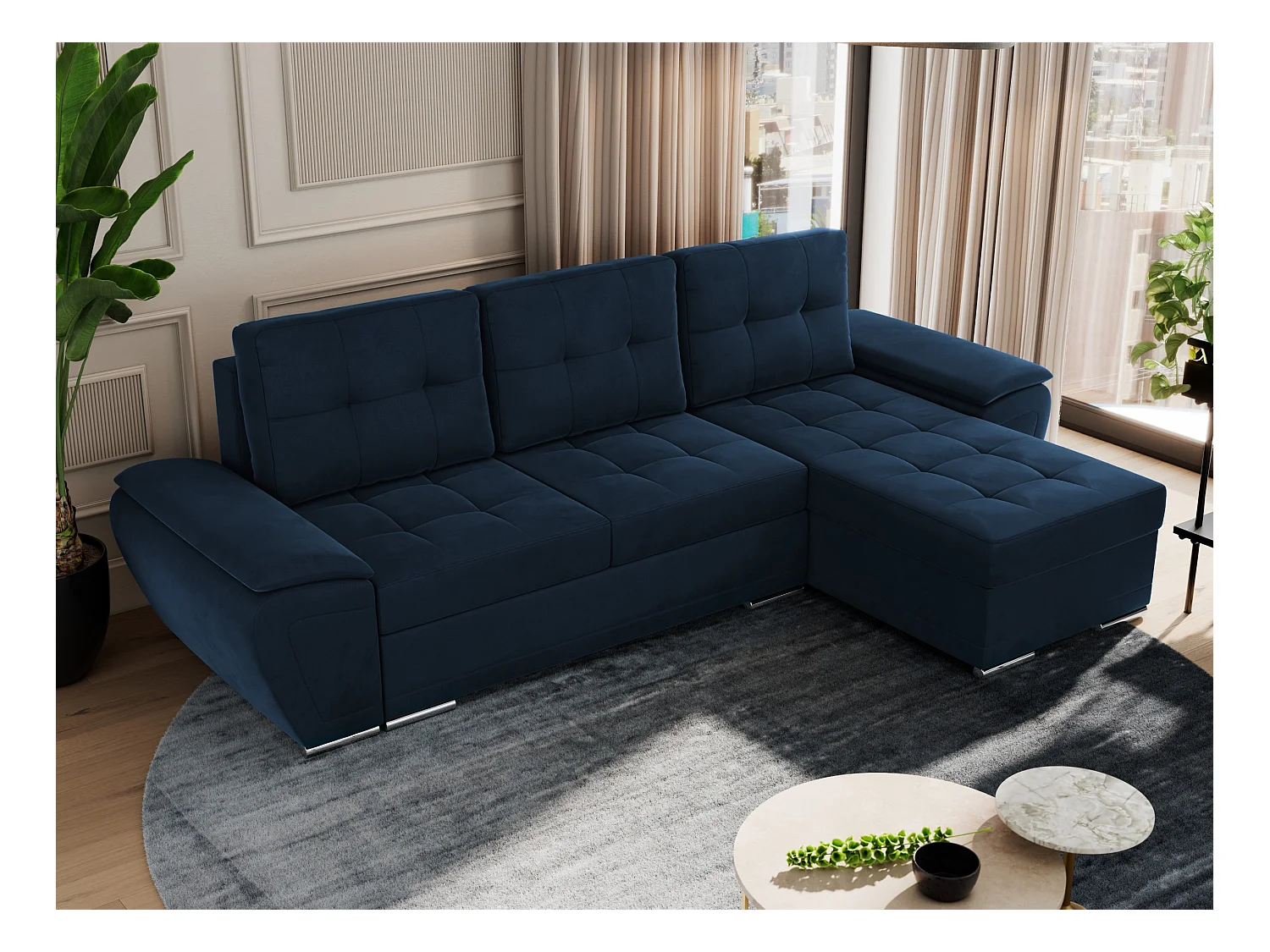 Ecksofa UMBRIA - universell L-form Couch, Schlaffunktion und Bettkasten, gesteppte Ecke - Dunkelblau Velvet