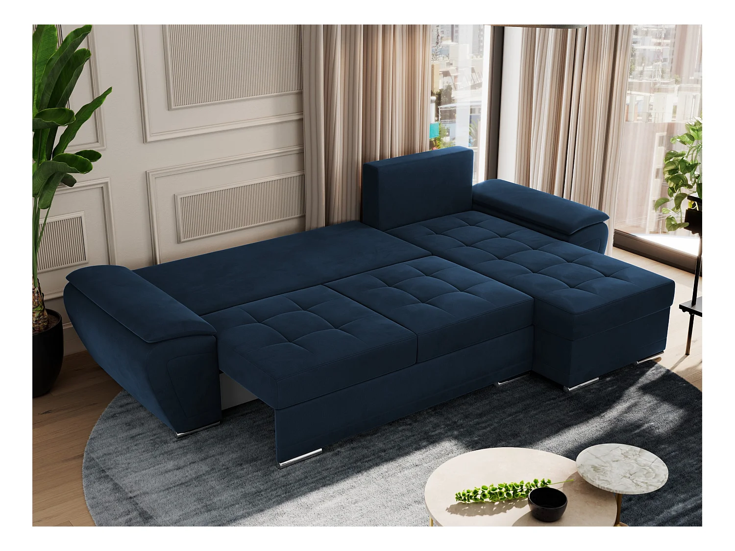 Ecksofa UMBRIA - universell L-form Couch, Schlaffunktion und Bettkasten, gesteppte Ecke - Dunkelblau Velvet