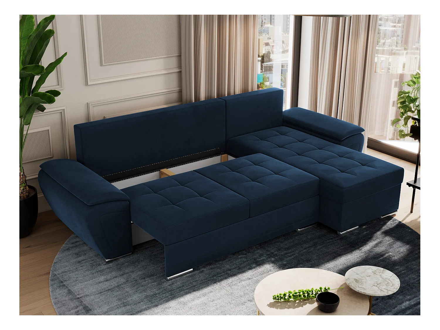 Ecksofa UMBRIA - universell L-form Couch, Schlaffunktion und Bettkasten, gesteppte Ecke - Dunkelblau Velvet