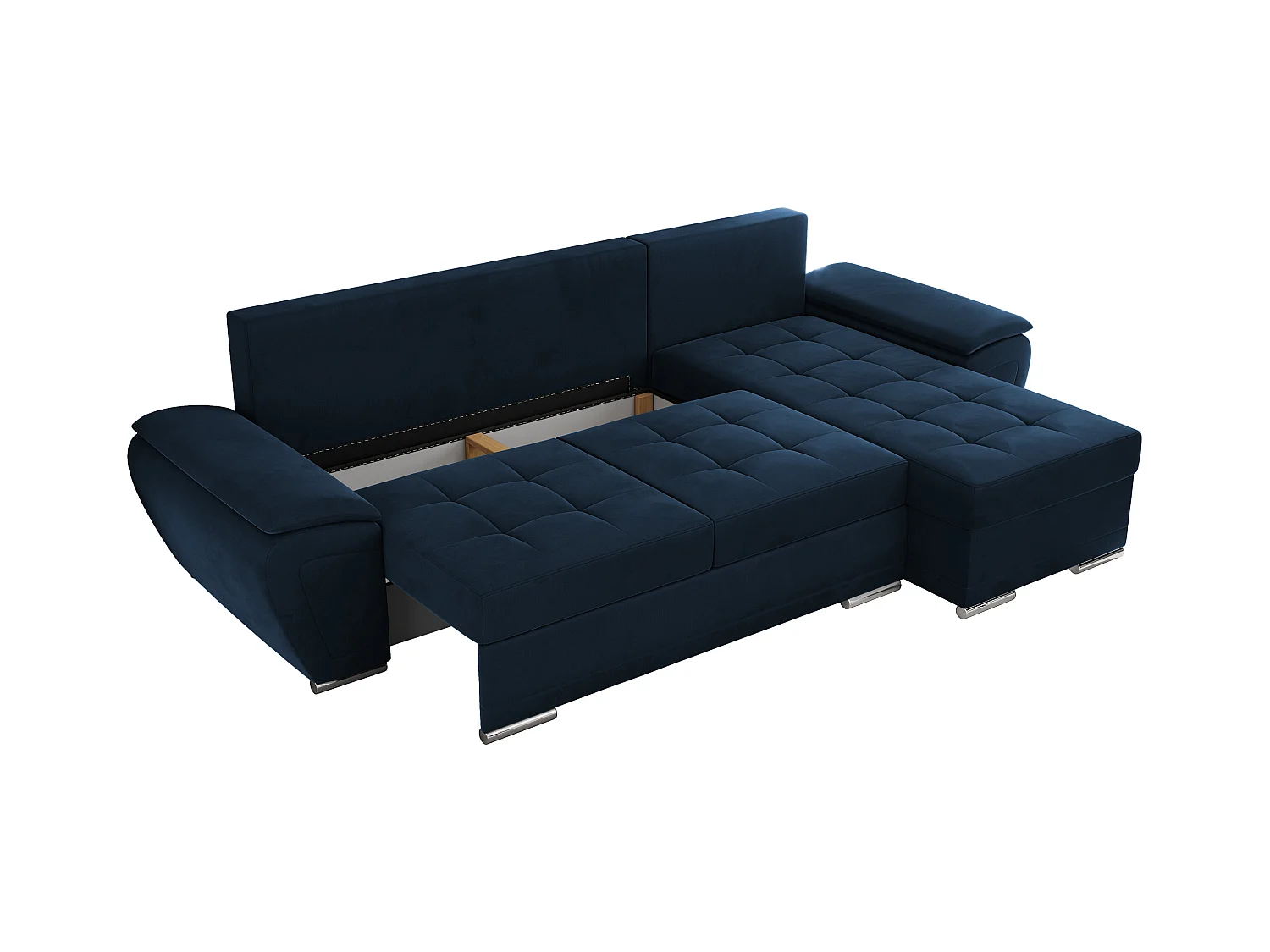 Ecksofa UMBRIA - universell L-form Couch, Schlaffunktion und Bettkasten, gesteppte Ecke - Dunkelblau Velvet
