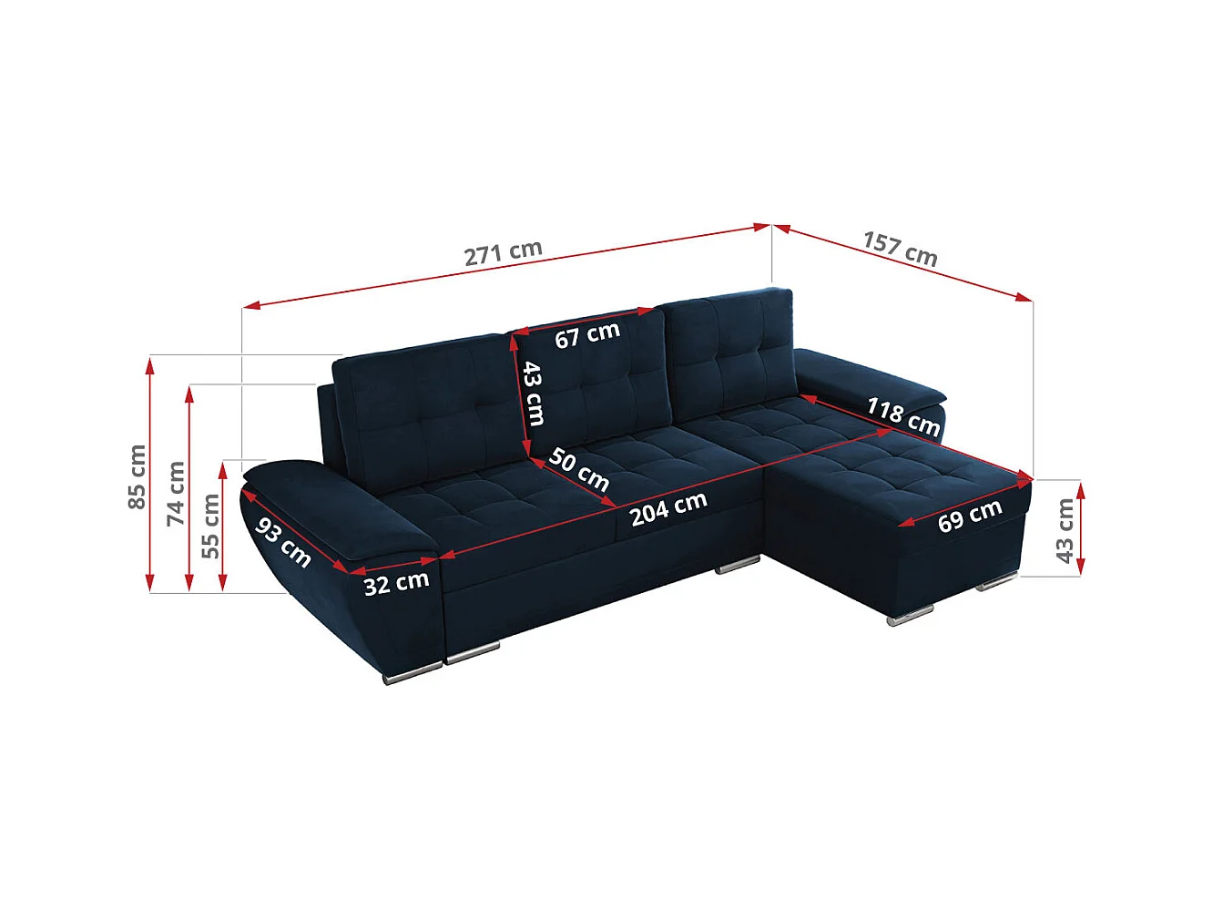 Ecksofa UMBRIA - universell L-form Couch, Schlaffunktion und Bettkasten, gesteppte Ecke - Dunkelblau Velvet