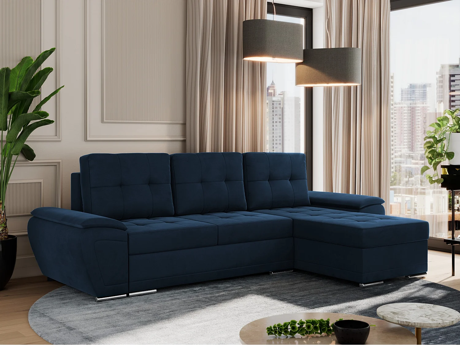 Ecksofa UMBRIA - universell L-form Couch, Schlaffunktion und Bettkasten, gesteppte Ecke - Dunkelblau Velvet
