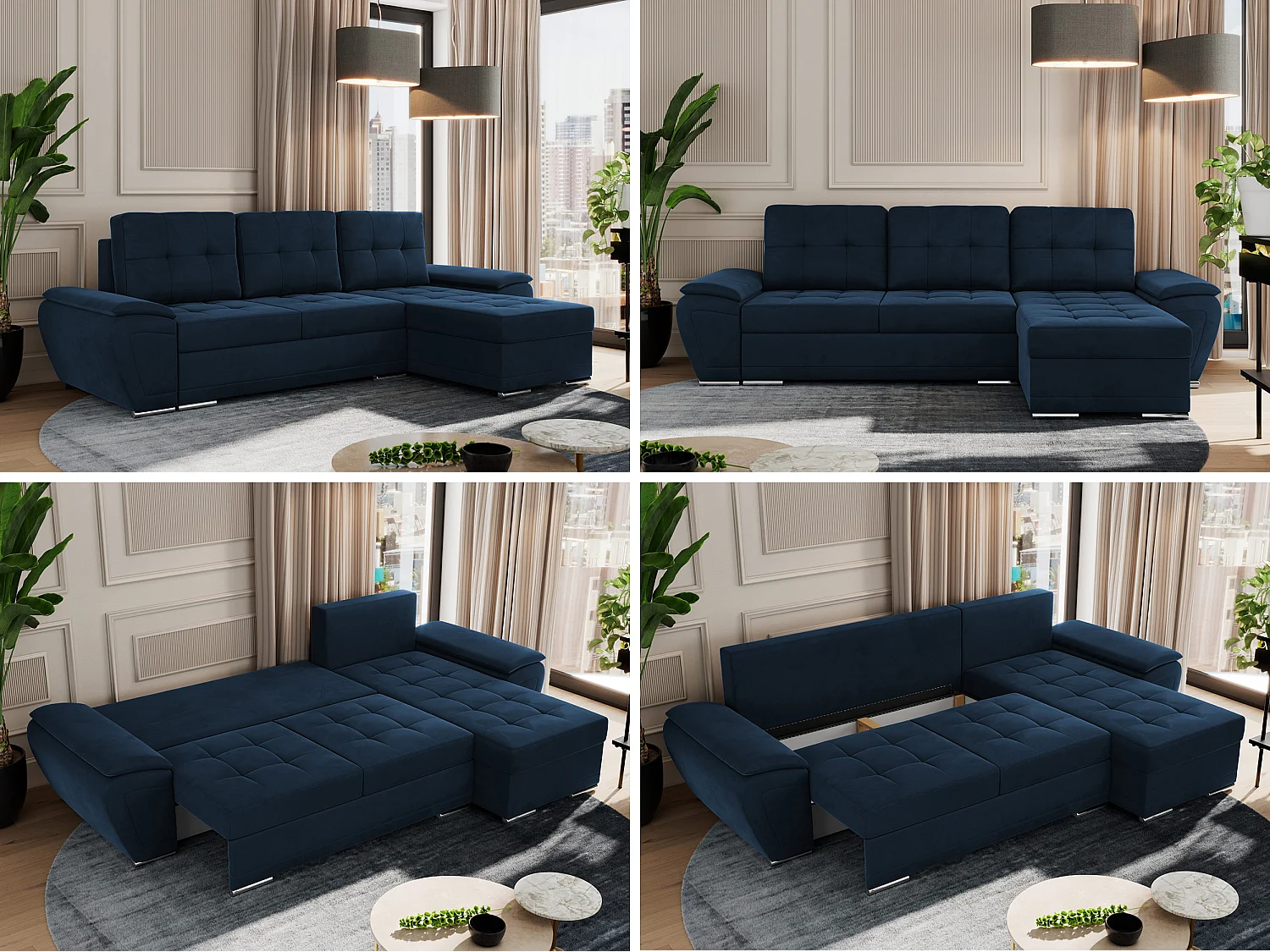 Ecksofa UMBRIA - universell L-form Couch, Schlaffunktion und Bettkasten, gesteppte Ecke - Dunkelblau Velvet