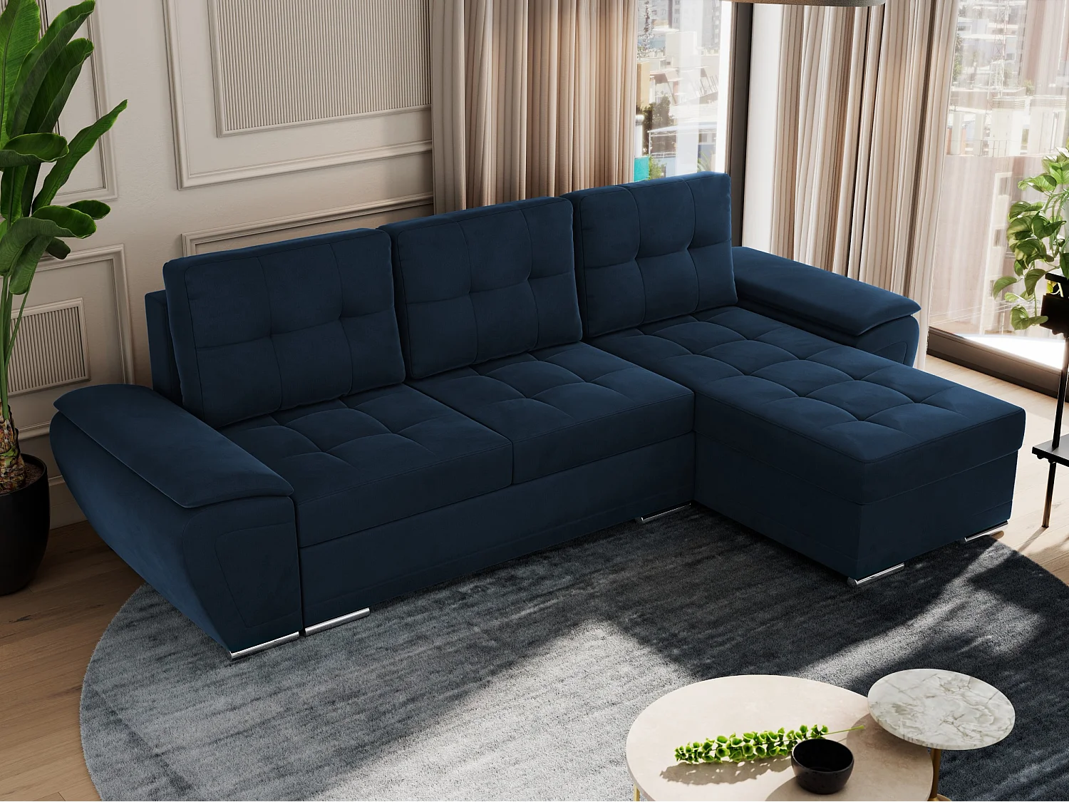 Ecksofa UMBRIA - universell L-form Couch, Schlaffunktion und Bettkasten, gesteppte Ecke - Dunkelblau Velvet