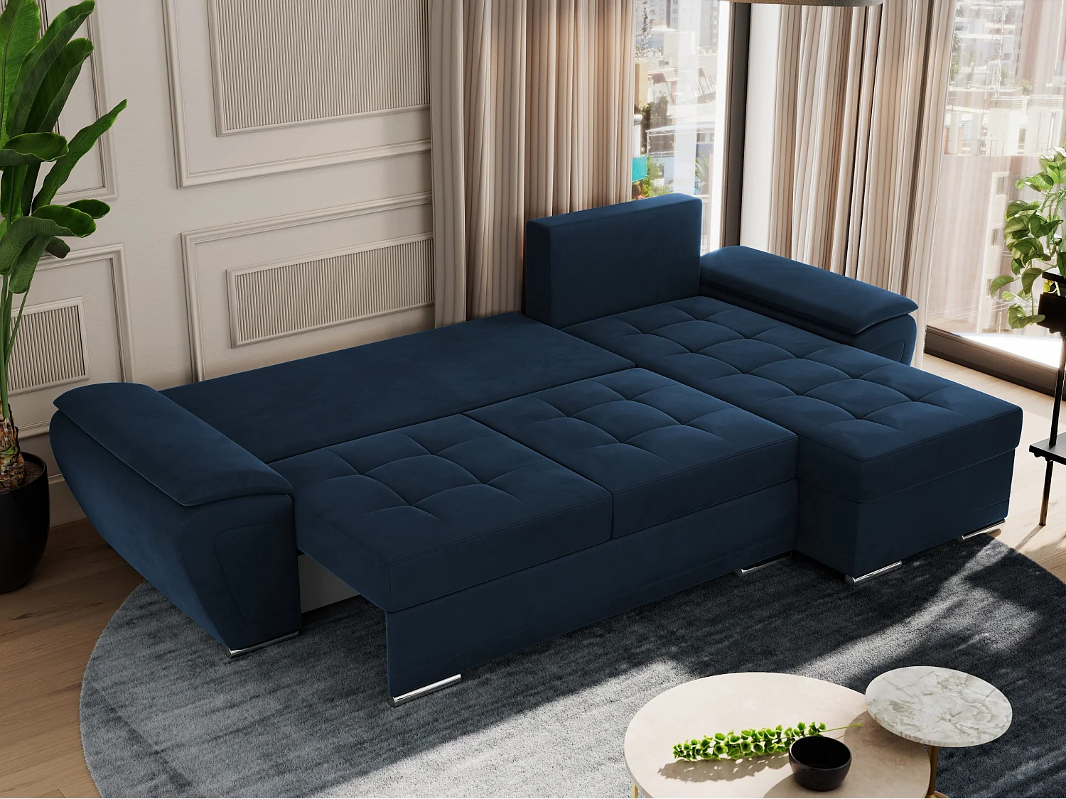 Ecksofa UMBRIA - universell L-form Couch, Schlaffunktion und Bettkasten, gesteppte Ecke - Dunkelblau Velvet