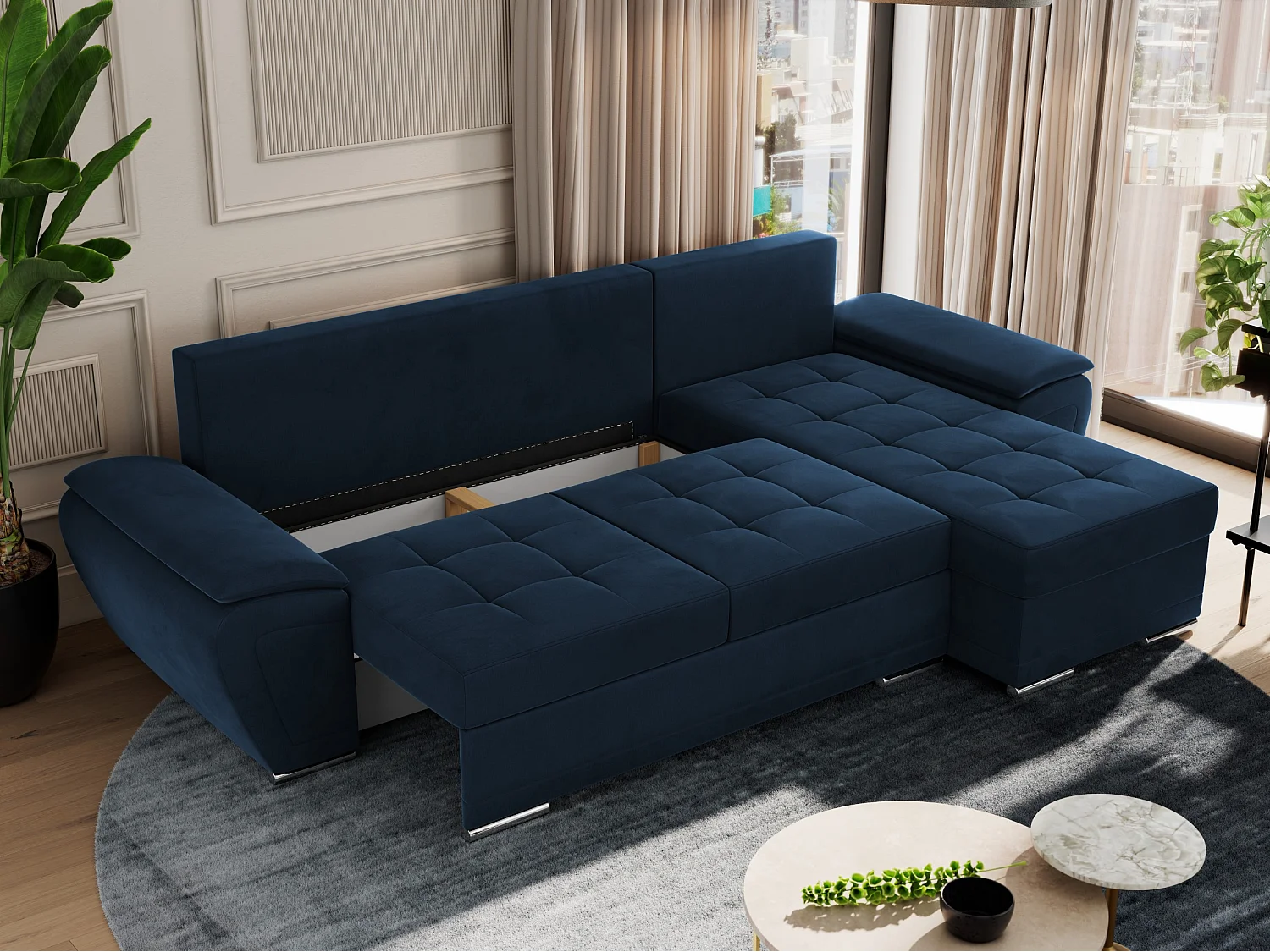 Ecksofa UMBRIA - universell L-form Couch, Schlaffunktion und Bettkasten, gesteppte Ecke - Dunkelblau Velvet