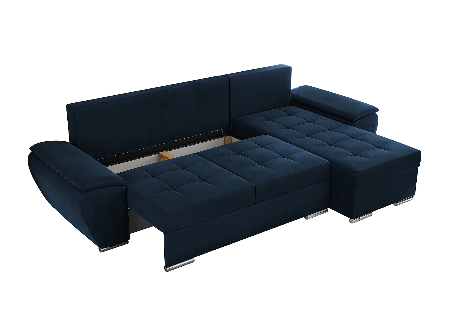 Ecksofa UMBRIA - universell L-form Couch, Schlaffunktion und Bettkasten, gesteppte Ecke - Dunkelblau Velvet