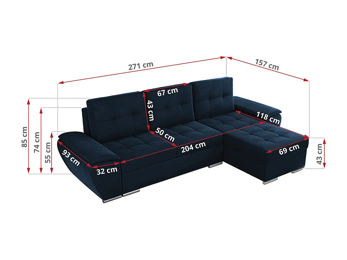 Ecksofa UMBRIA - universell L-form Couch, Schlaffunktion und Bettkasten, gesteppte Ecke - Dunkelblau Velvet
