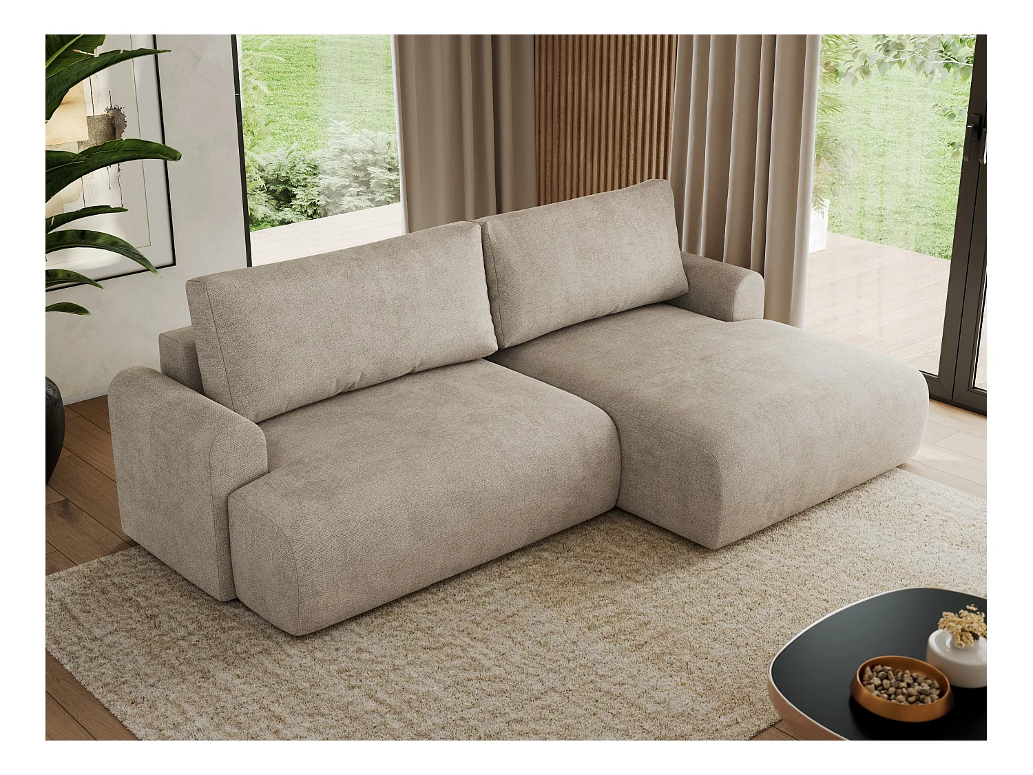 Ecksofa TONO - mit Schlaffunktion und Bettkasten, L-form Ecke, Armlehnen - Beige Struktur - Ecke Rechts