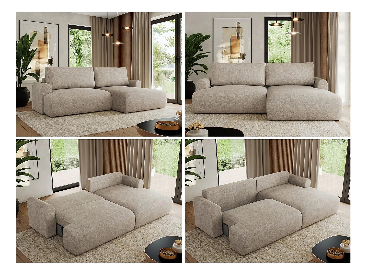 Ecksofa TONO - mit Schlaffunktion und Bettkasten, L-form Ecke, Armlehnen - Beige Struktur - Ecke Rechts