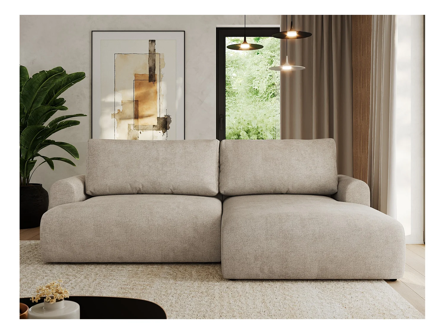 Ecksofa TONO - mit Schlaffunktion und Bettkasten, L-form Ecke, Armlehnen - Beige Struktur - Ecke Rechts