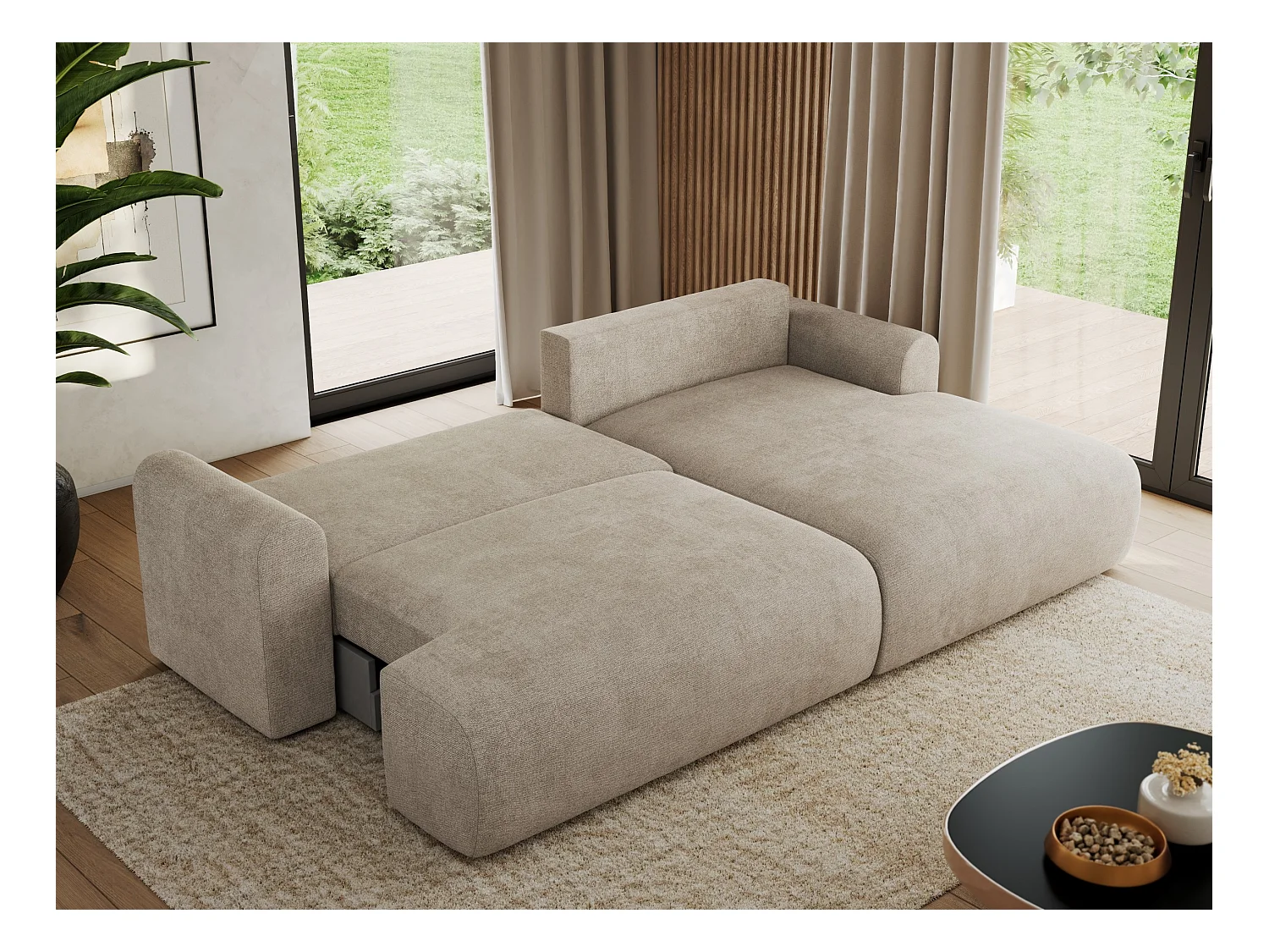 Ecksofa TONO - mit Schlaffunktion und Bettkasten, L-form Ecke, Armlehnen - Beige Struktur - Ecke Rechts
