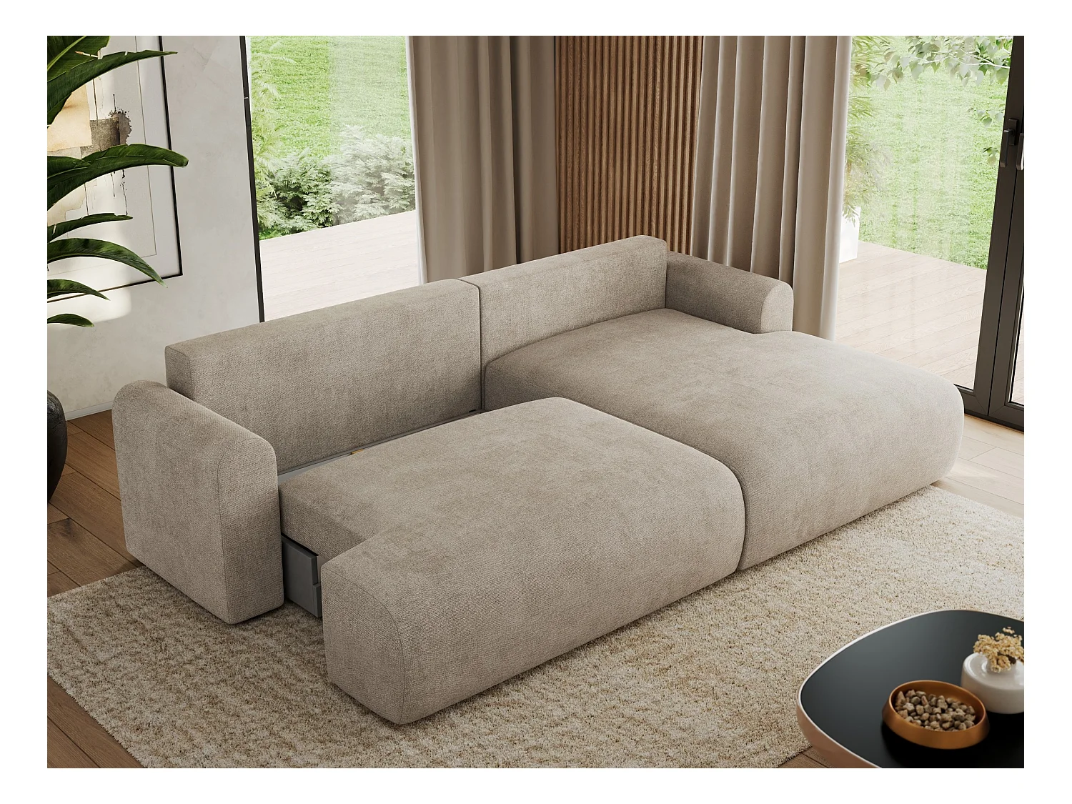 Ecksofa TONO - mit Schlaffunktion und Bettkasten, L-form Ecke, Armlehnen - Beige Struktur - Ecke Rechts