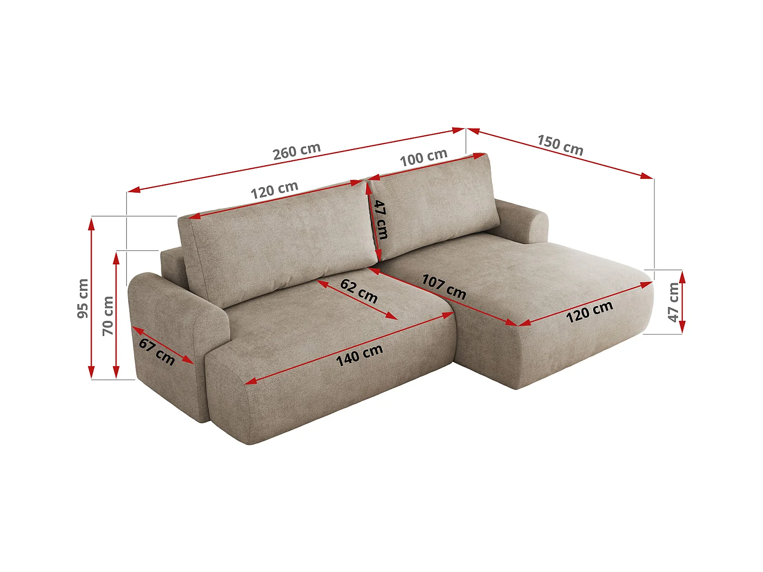 Ecksofa TONO - mit Schlaffunktion und Bettkasten, L-form Ecke, Armlehnen - Beige Struktur - Ecke Rechts