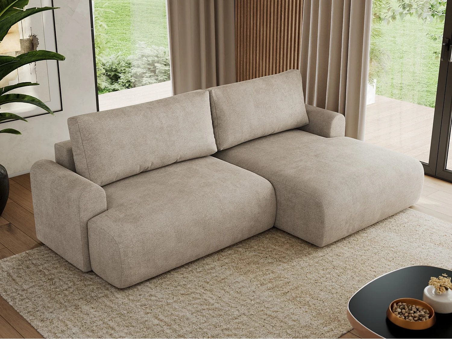 Ecksofa TONO - mit Schlaffunktion und Bettkasten, L-form Ecke, Armlehnen - Beige Struktur - Ecke Rechts