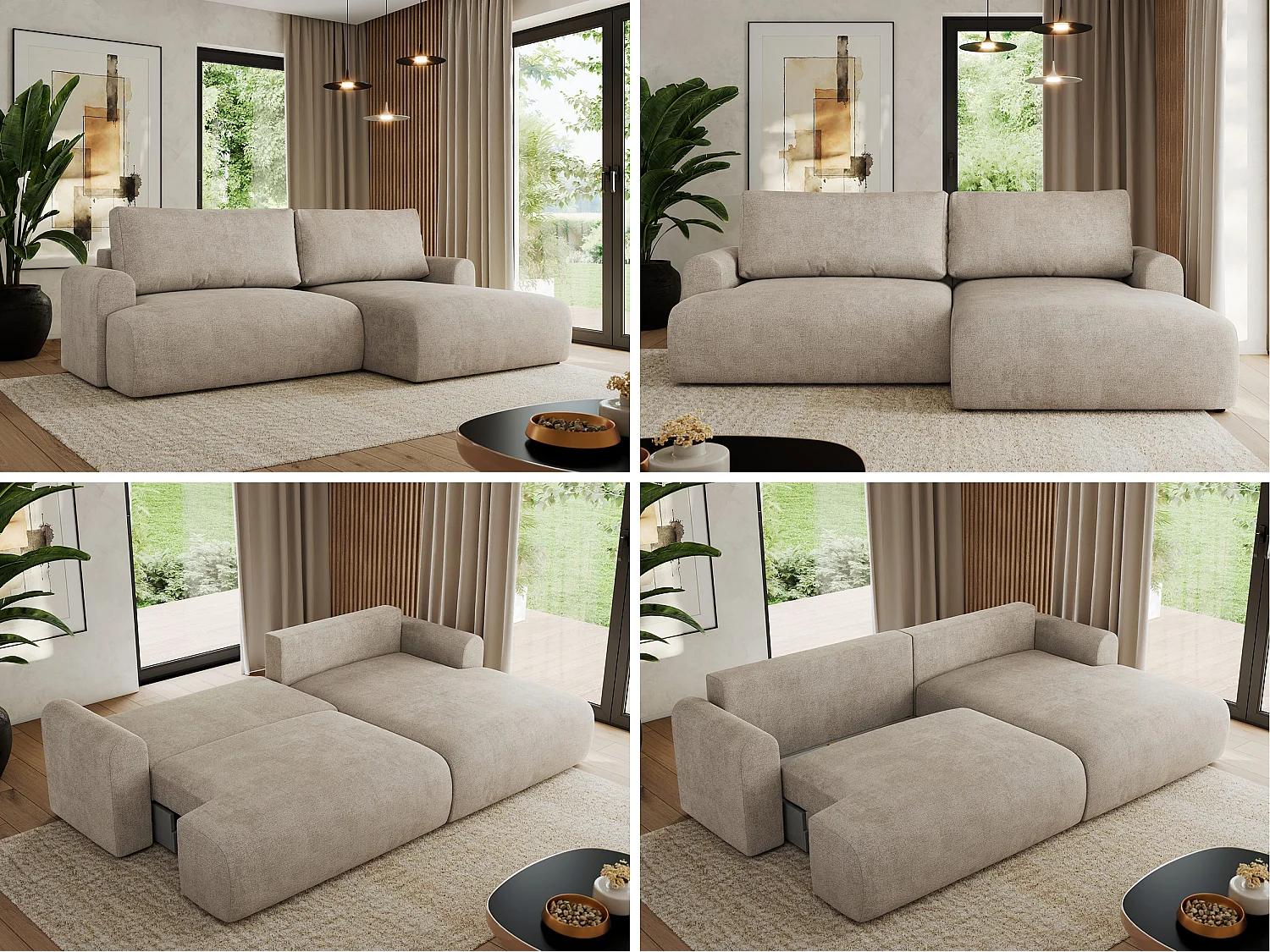 Ecksofa TONO - mit Schlaffunktion und Bettkasten, L-form Ecke, Armlehnen - Beige Struktur - Ecke Rechts