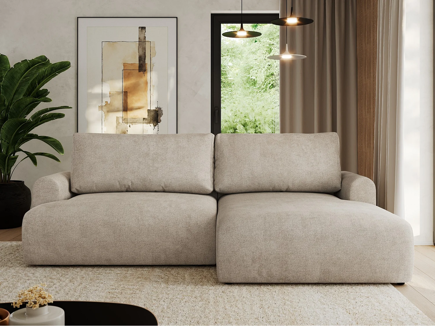 Ecksofa TONO - mit Schlaffunktion und Bettkasten, L-form Ecke, Armlehnen - Beige Struktur - Ecke Rechts