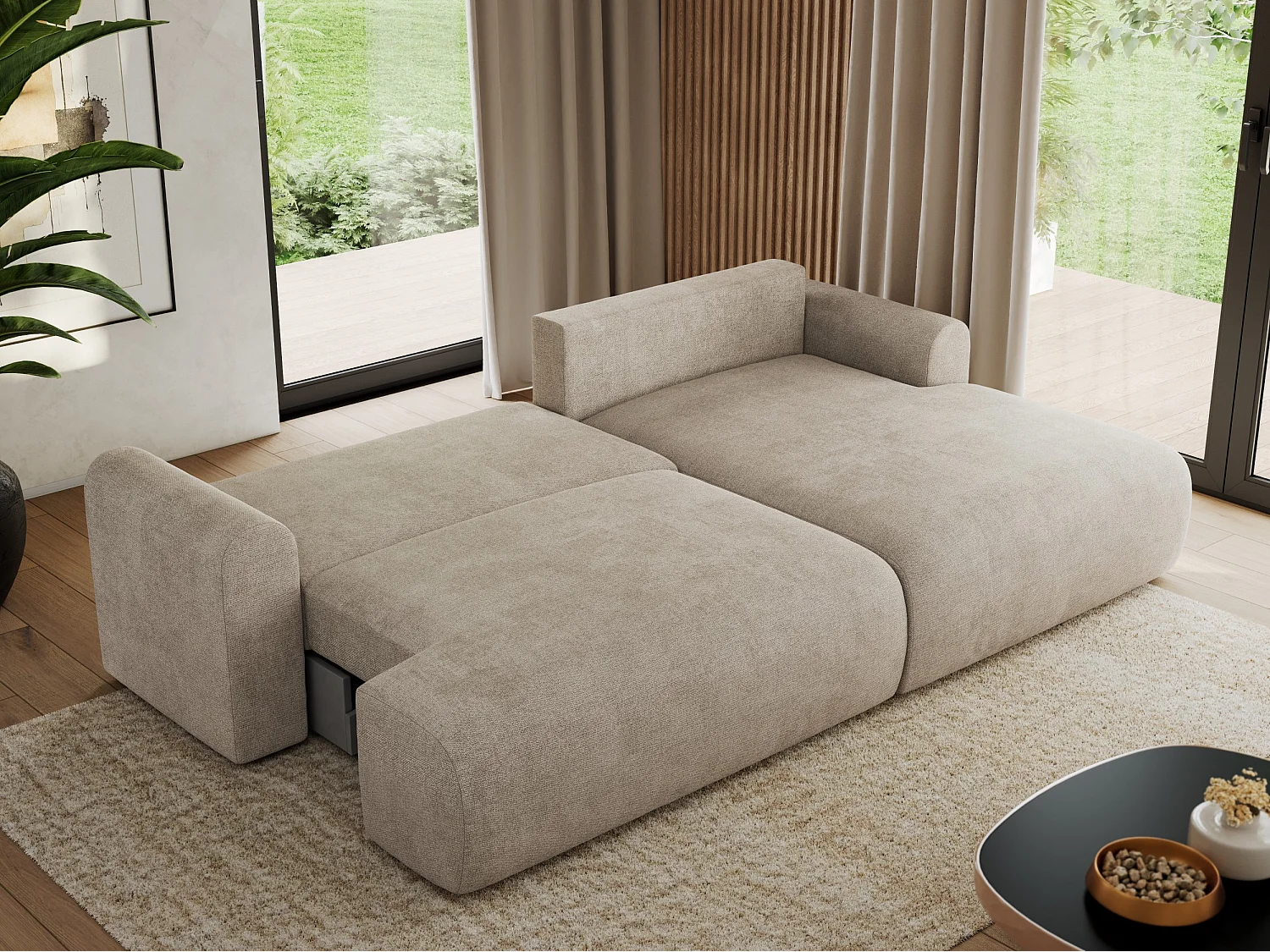 Ecksofa TONO - mit Schlaffunktion und Bettkasten, L-form Ecke, Armlehnen - Beige Struktur - Ecke Rechts