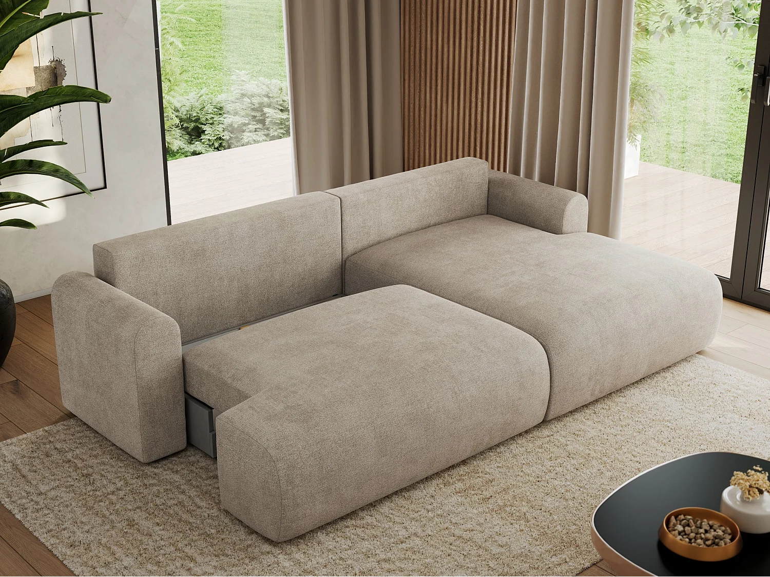 Ecksofa TONO - mit Schlaffunktion und Bettkasten, L-form Ecke, Armlehnen - Beige Struktur - Ecke Rechts