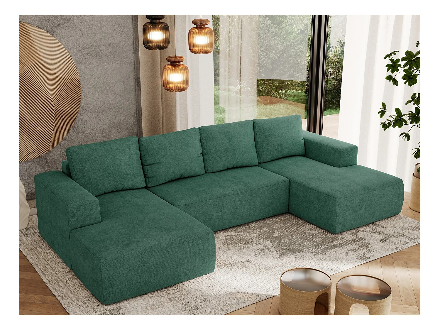 Ecksofa TRENTINO U - mit Schlaffunktion und Bettkasten, U-förmiges Wohnlandschaft, Armlehnen - Grün Strukture
