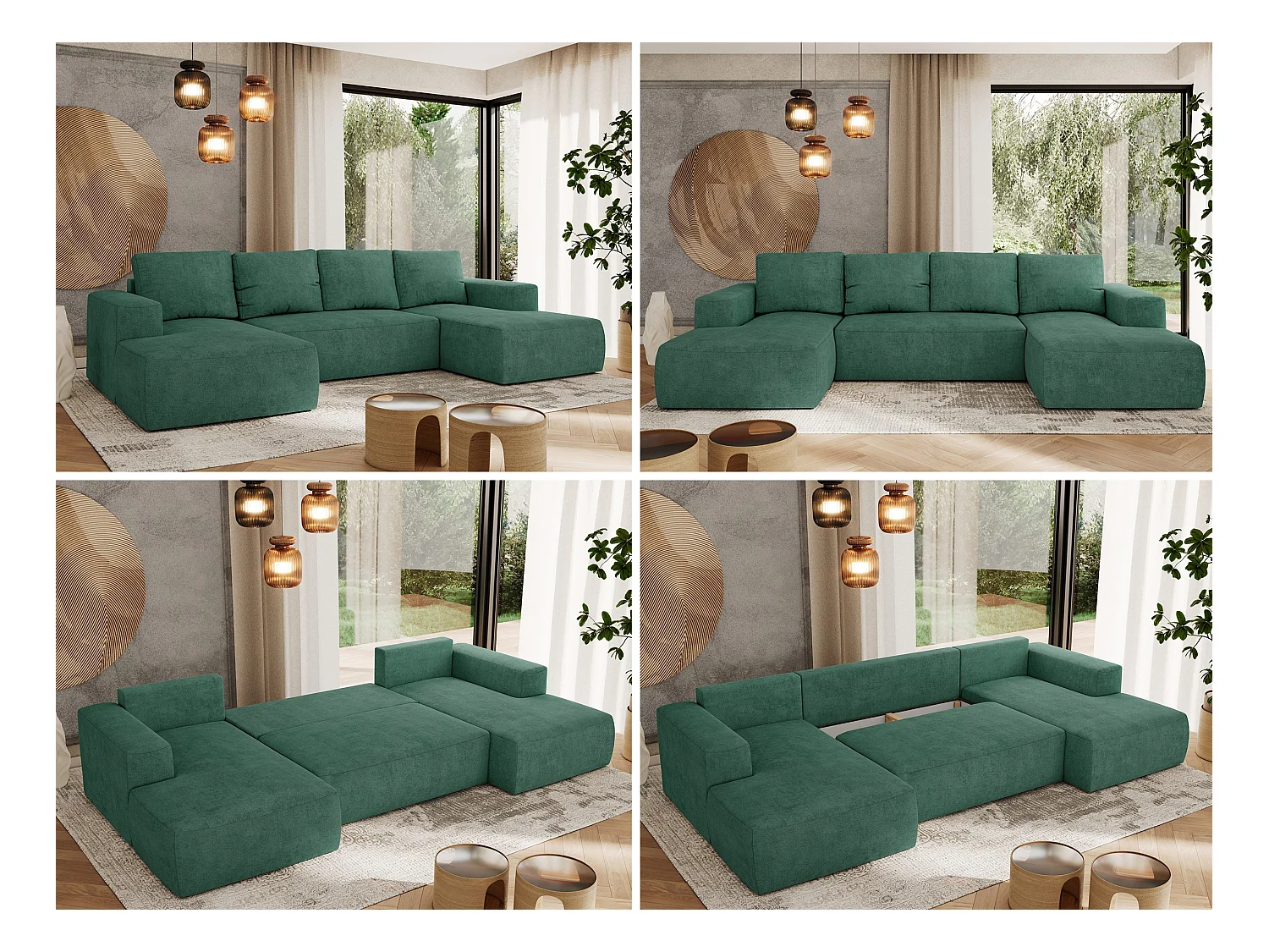 Ecksofa TRENTINO U - mit Schlaffunktion und Bettkasten, U-förmiges Wohnlandschaft, Armlehnen - Grün Strukture