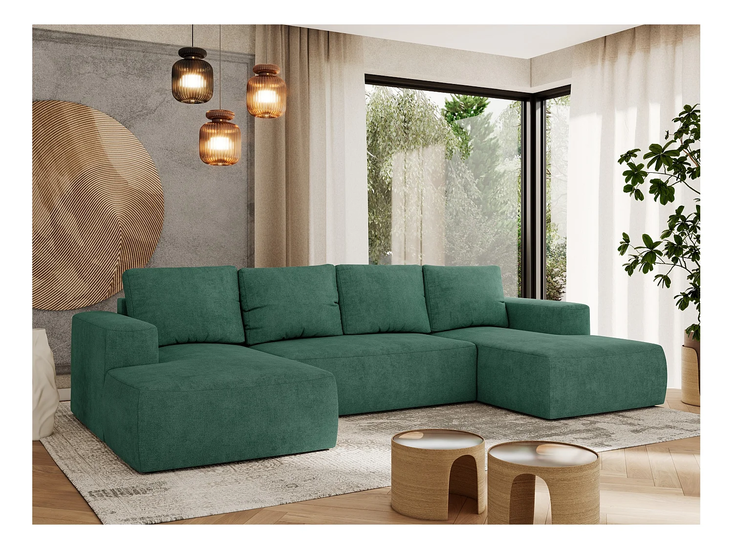 Ecksofa TRENTINO U - mit Schlaffunktion und Bettkasten, U-förmiges Wohnlandschaft, Armlehnen - Grün Strukture