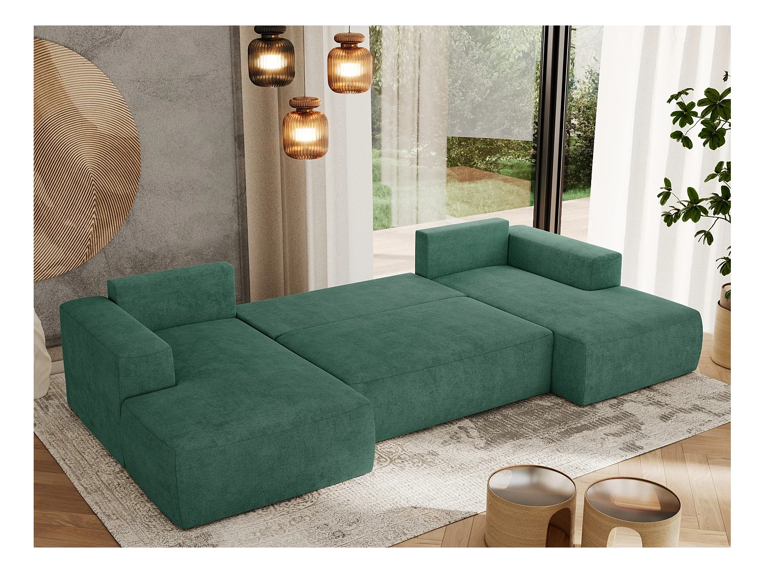 Ecksofa TRENTINO U - mit Schlaffunktion und Bettkasten, U-förmiges Wohnlandschaft, Armlehnen - Grün Strukture