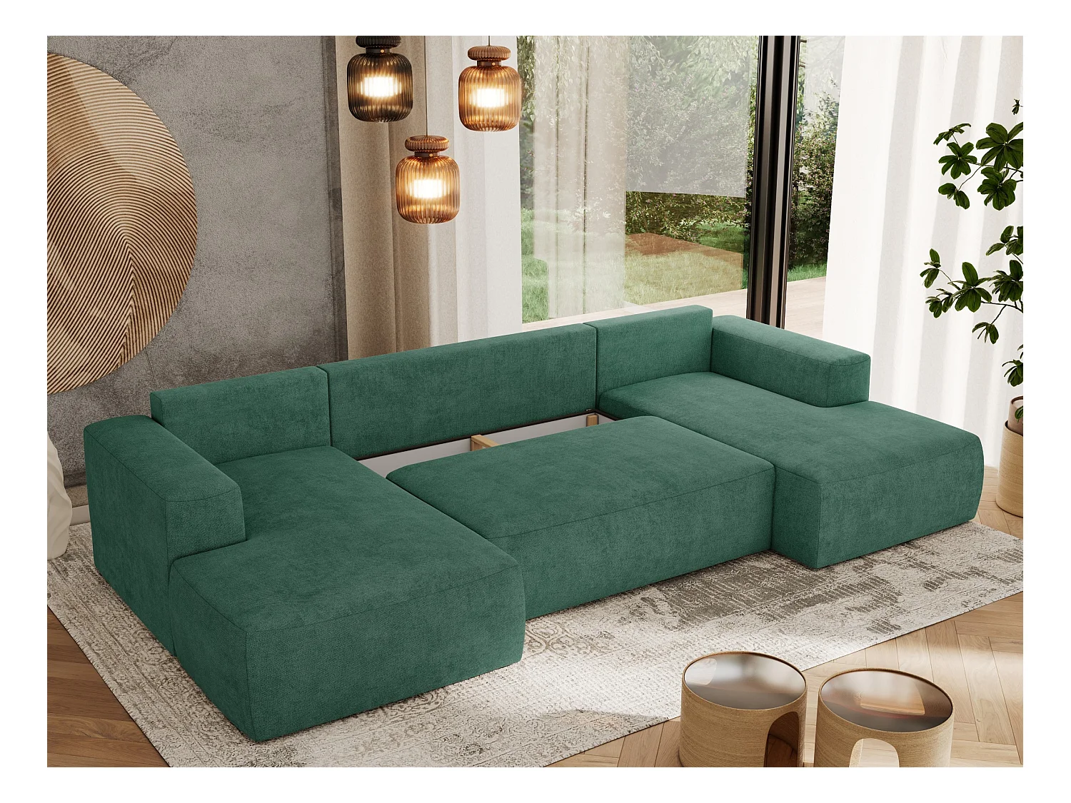 Ecksofa TRENTINO U - mit Schlaffunktion und Bettkasten, U-förmiges Wohnlandschaft, Armlehnen - Grün Strukture