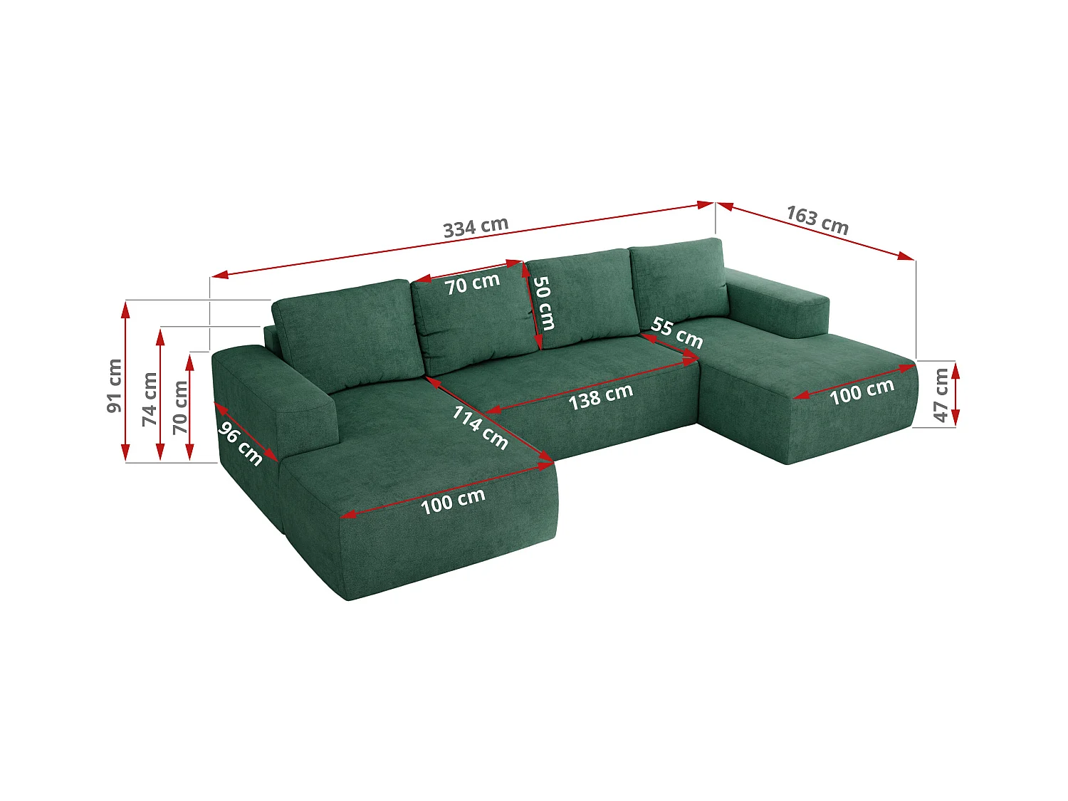 Ecksofa TRENTINO U - mit Schlaffunktion und Bettkasten, U-förmiges Wohnlandschaft, Armlehnen - Grün Strukture