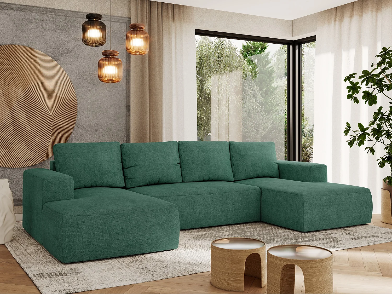 Ecksofa TRENTINO U - mit Schlaffunktion und Bettkasten, U-förmiges Wohnlandschaft, Armlehnen - Grün Strukture