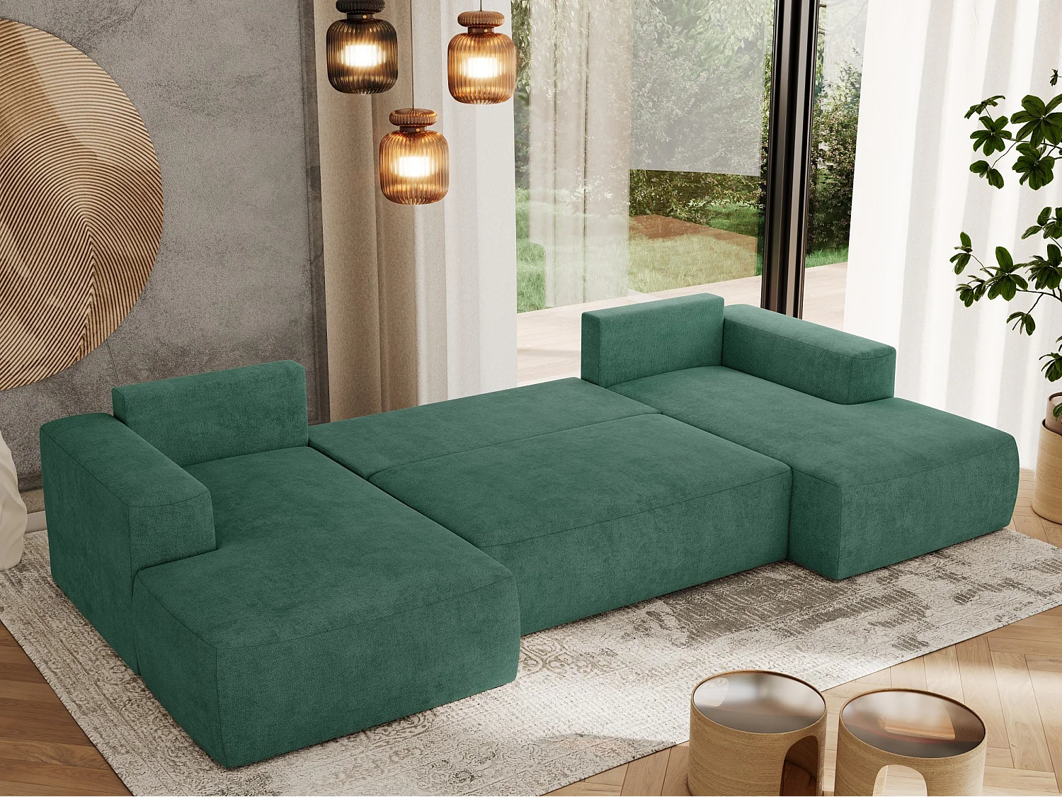 Ecksofa TRENTINO U - mit Schlaffunktion und Bettkasten, U-förmiges Wohnlandschaft, Armlehnen - Grün Strukture