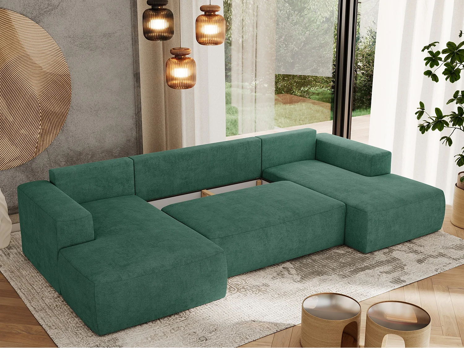 Ecksofa TRENTINO U - mit Schlaffunktion und Bettkasten, U-förmiges Wohnlandschaft, Armlehnen - Grün Strukture