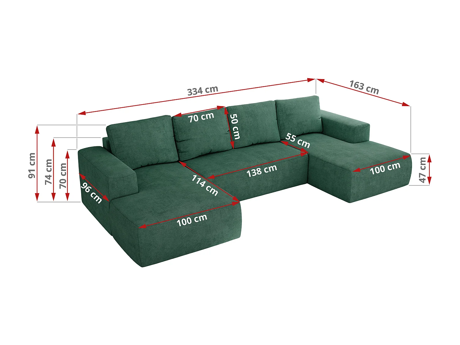 Ecksofa TRENTINO U - mit Schlaffunktion und Bettkasten, U-förmiges Wohnlandschaft, Armlehnen - Grün Strukture