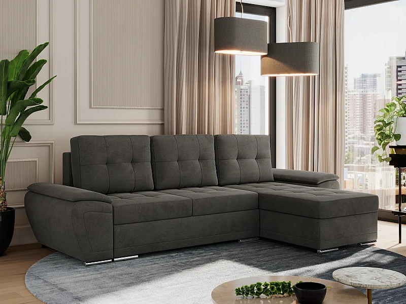 Ecksofa UMBRIA - universell L-form Couch, Schlaffunktion und Bettkasten, gesteppte Ecke - Dunkelgrau Velvet