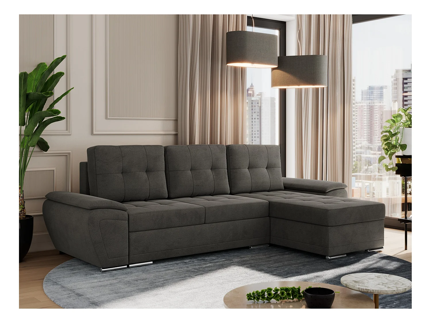 Ecksofa UMBRIA - universell L-form Couch, Schlaffunktion und Bettkasten, gesteppte Ecke - Dunkelgrau Velvet