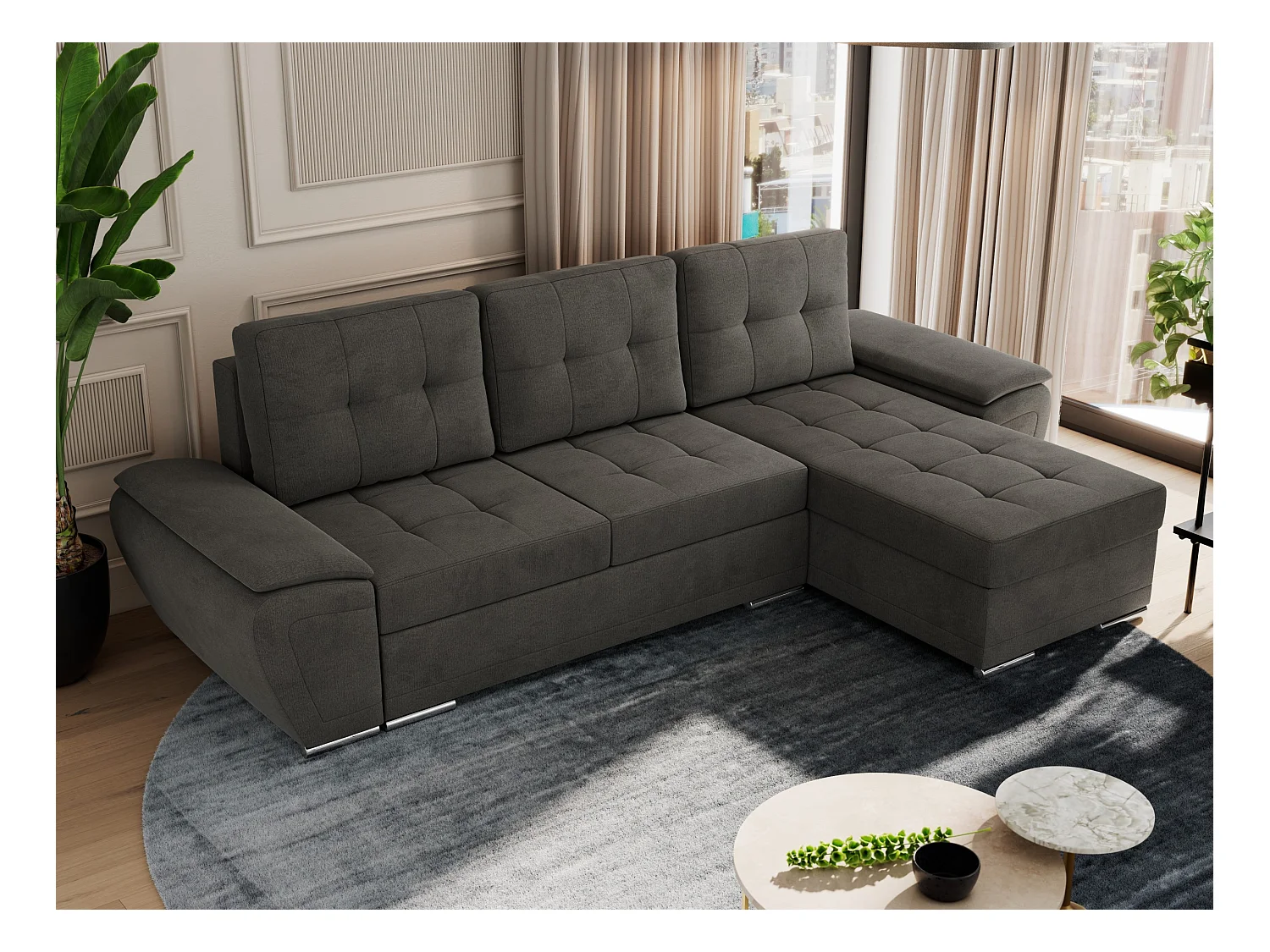 Ecksofa UMBRIA - universell L-form Couch, Schlaffunktion und Bettkasten, gesteppte Ecke - Dunkelgrau Velvet