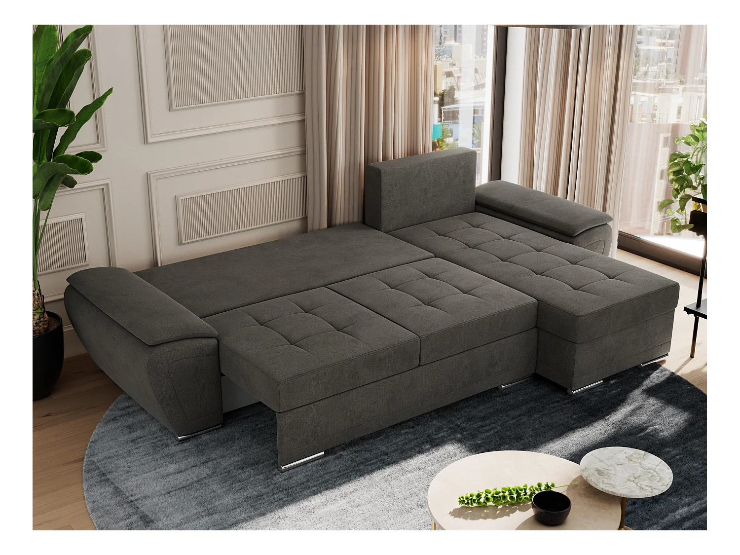 Ecksofa UMBRIA - universell L-form Couch, Schlaffunktion und Bettkasten, gesteppte Ecke - Dunkelgrau Velvet