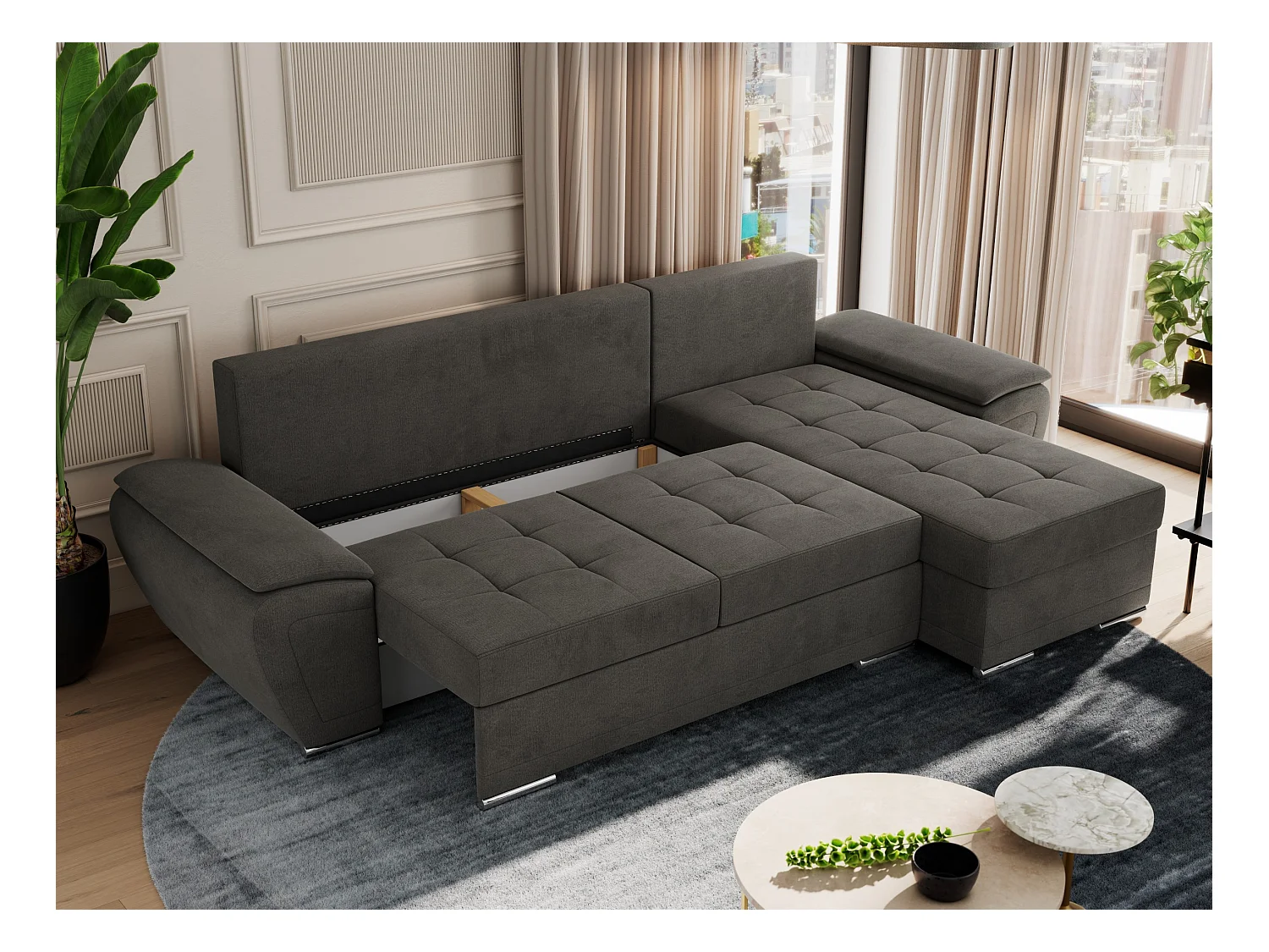 Ecksofa UMBRIA - universell L-form Couch, Schlaffunktion und Bettkasten, gesteppte Ecke - Dunkelgrau Velvet