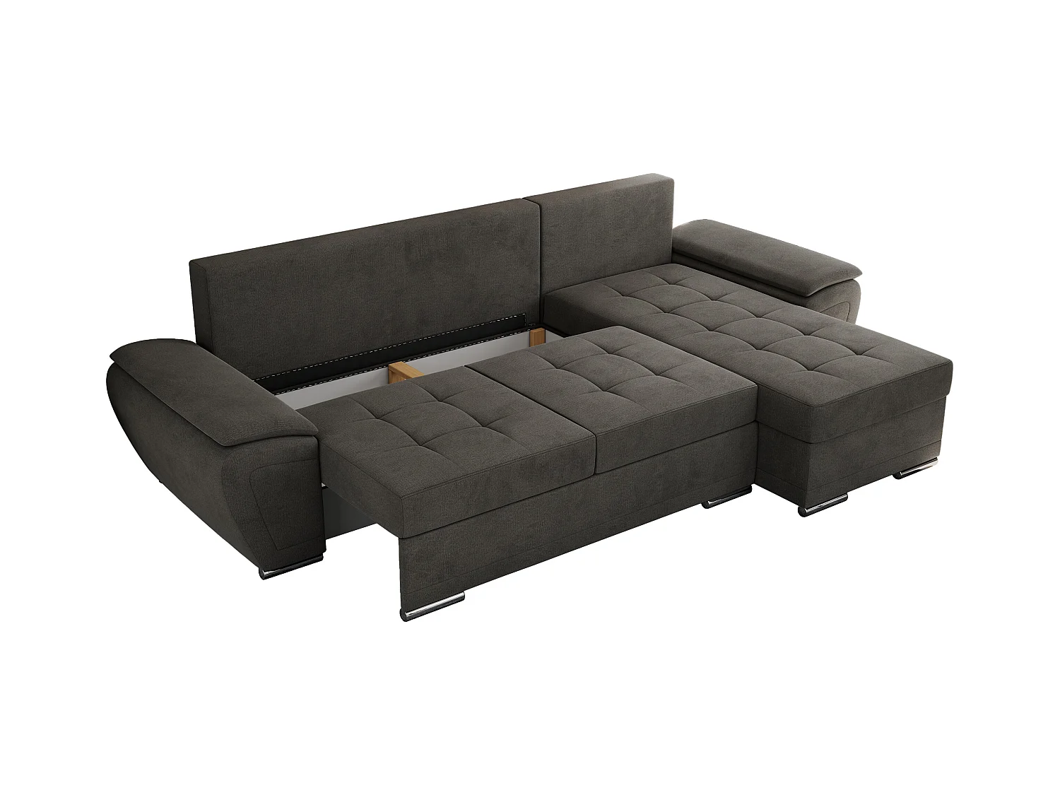Ecksofa UMBRIA - universell L-form Couch, Schlaffunktion und Bettkasten, gesteppte Ecke - Dunkelgrau Velvet