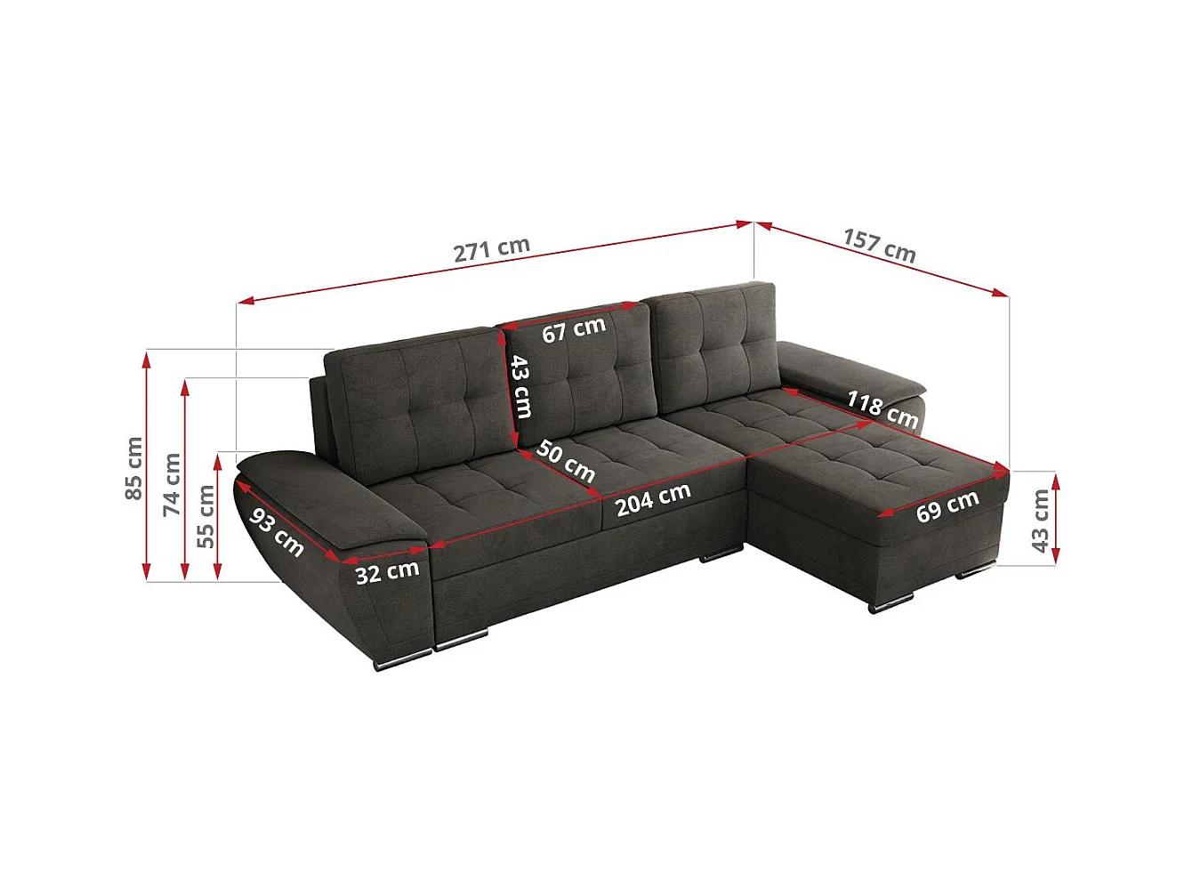 Ecksofa UMBRIA - universell L-form Couch, Schlaffunktion und Bettkasten, gesteppte Ecke - Dunkelgrau Velvet