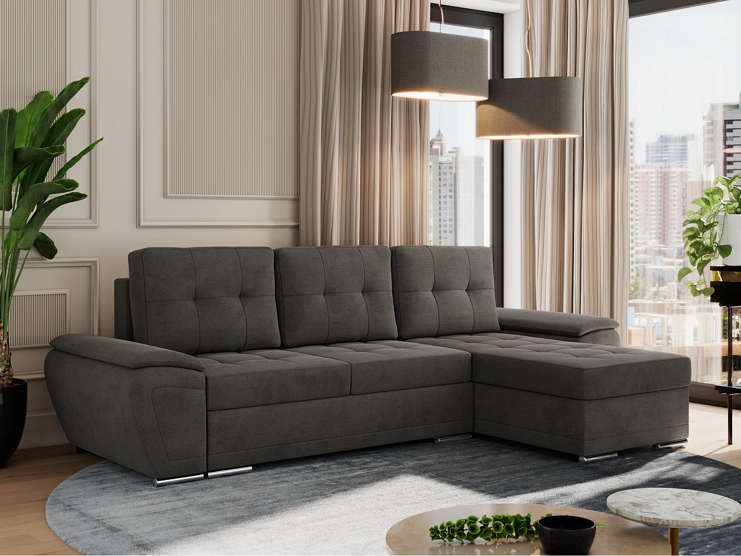 Ecksofa UMBRIA - universell L-form Couch, Schlaffunktion und Bettkasten, gesteppte Ecke - Dunkelgrau Velvet