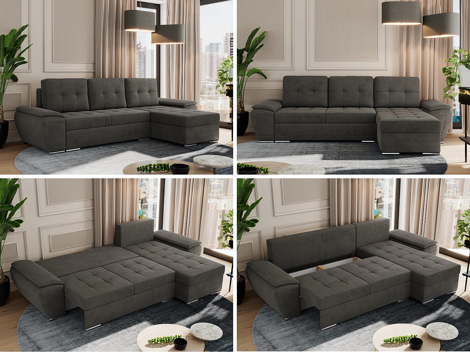 Ecksofa UMBRIA - universell L-form Couch, Schlaffunktion und Bettkasten, gesteppte Ecke - Dunkelgrau Velvet