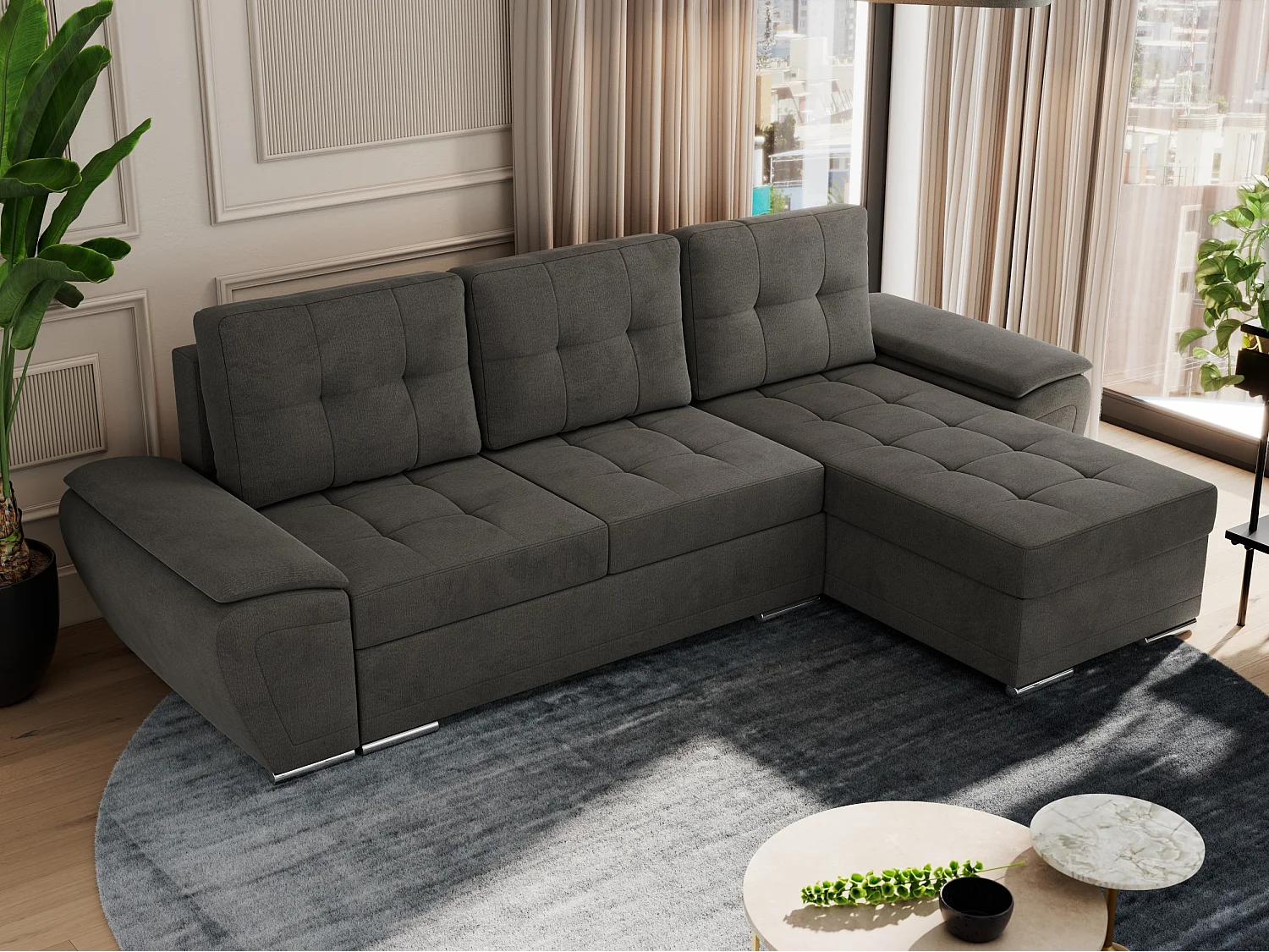 Ecksofa UMBRIA - universell L-form Couch, Schlaffunktion und Bettkasten, gesteppte Ecke - Dunkelgrau Velvet